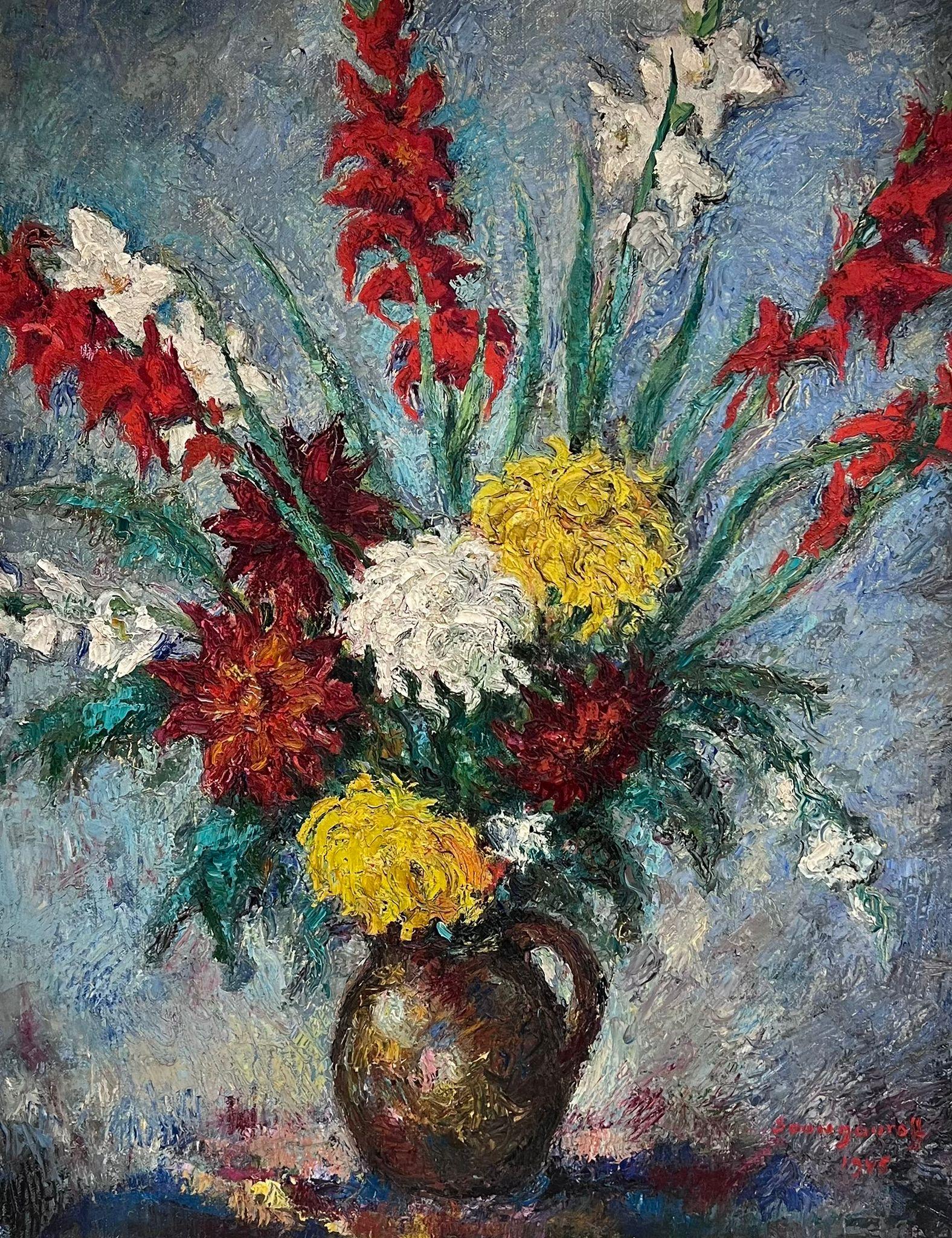 Grande dipinto ad olio del 1940 firmato da un post impressionista francese: Natura morta di fiori - Painting di French 1940's