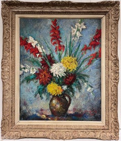 Grande peinture à l'huile post-impressionniste française des années 1940, signée, natures mortes fleurs