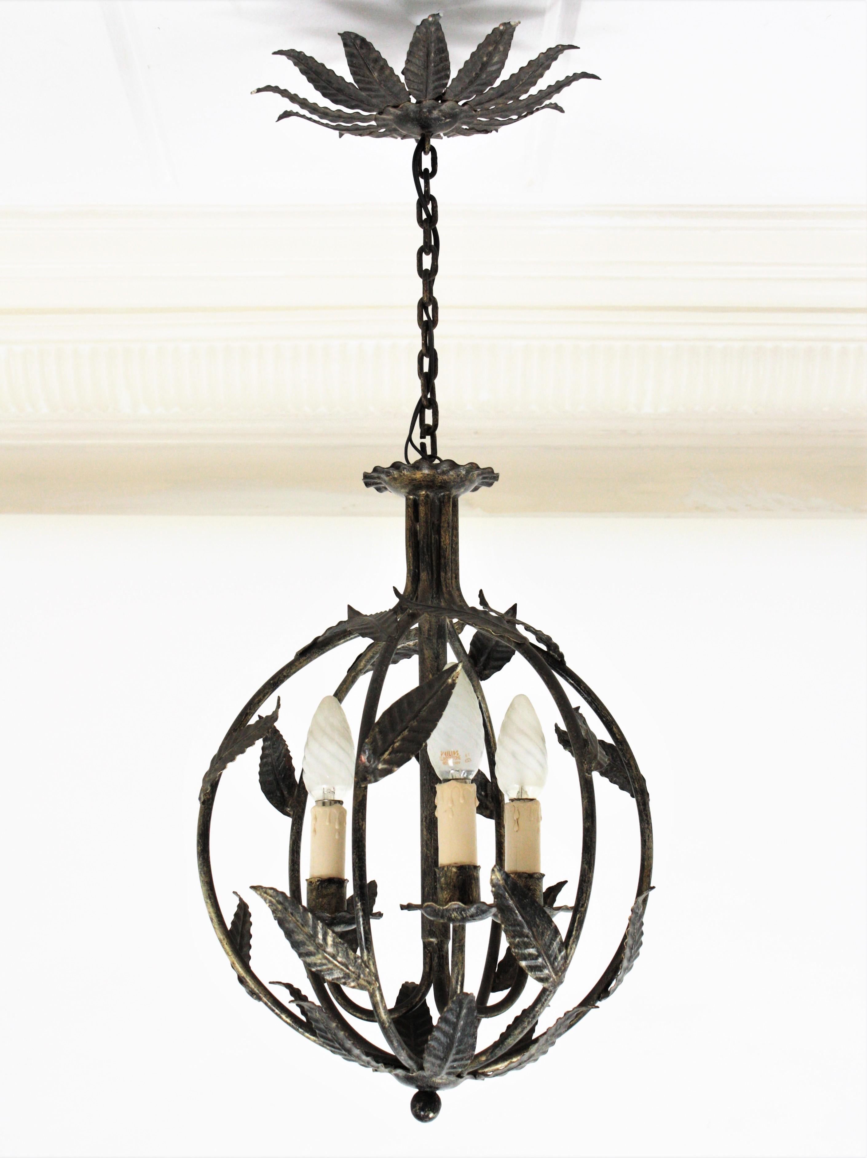 French Parcel-Gilt Wrought Iron Globe Pendant Light / Lantern with Leaves Design 4