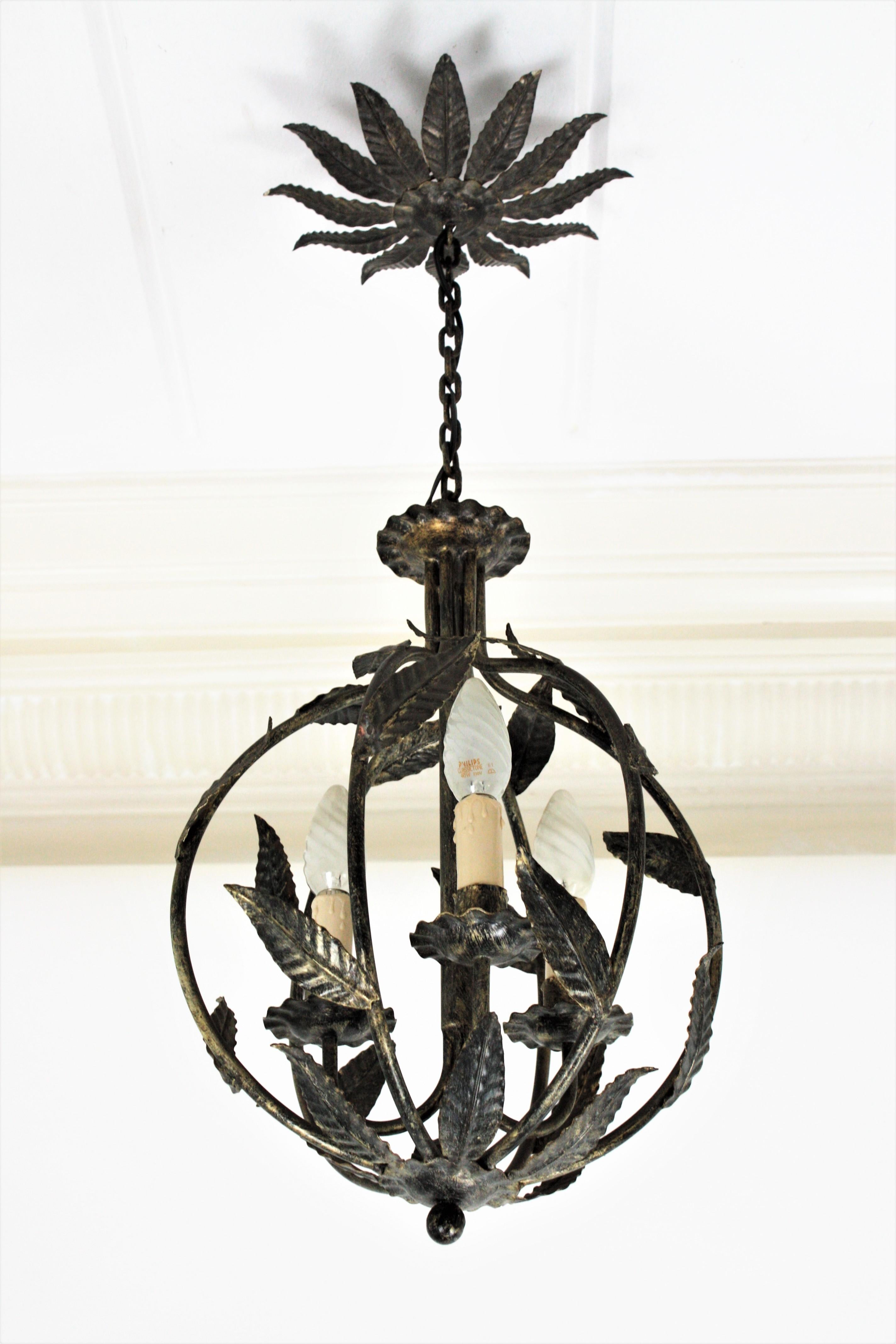 French Parcel-Gilt Wrought Iron Globe Pendant Light / Lantern with Leaves Design 5