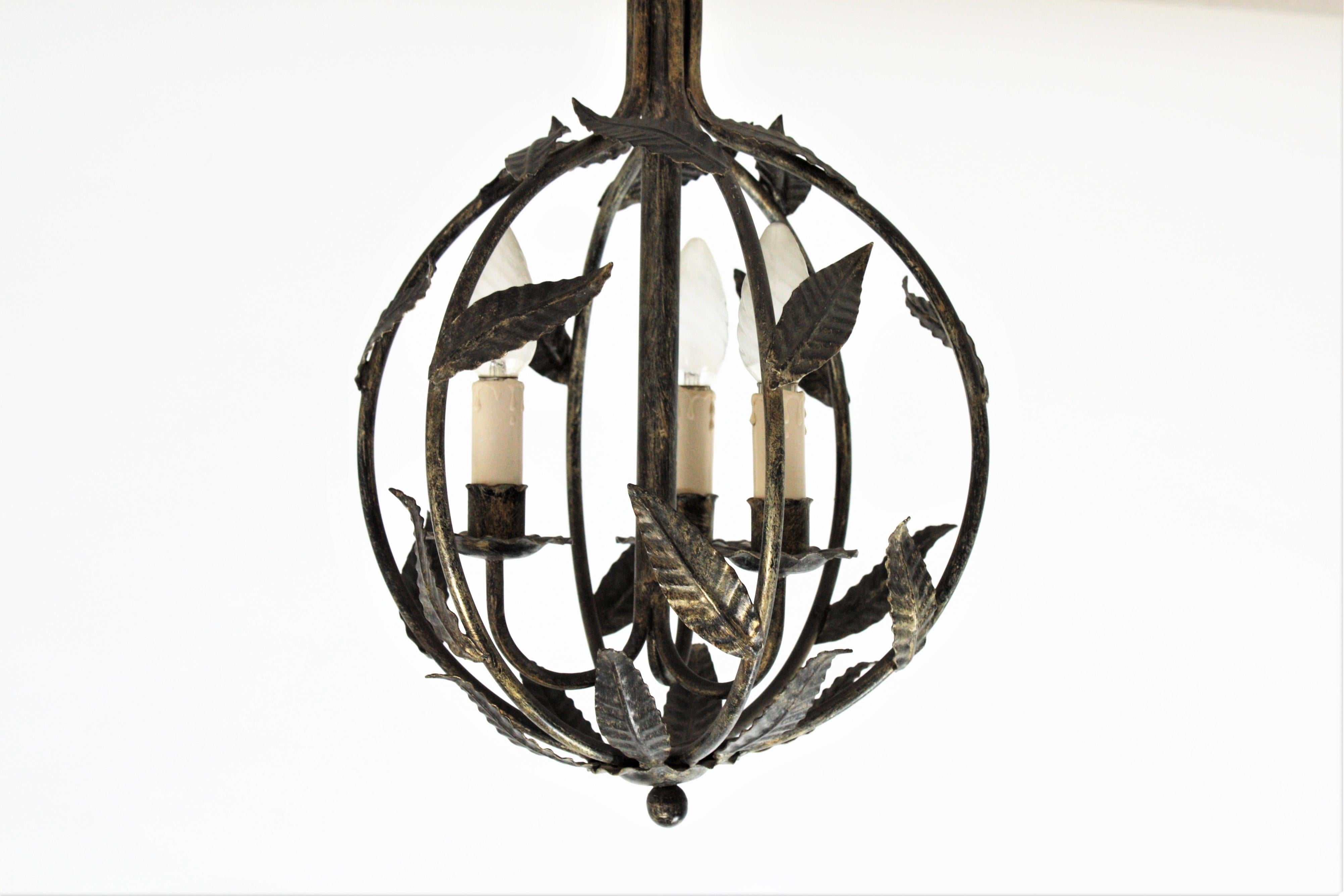 French Parcel-Gilt Wrought Iron Globe Pendant Light / Lantern with Leaves Design 6