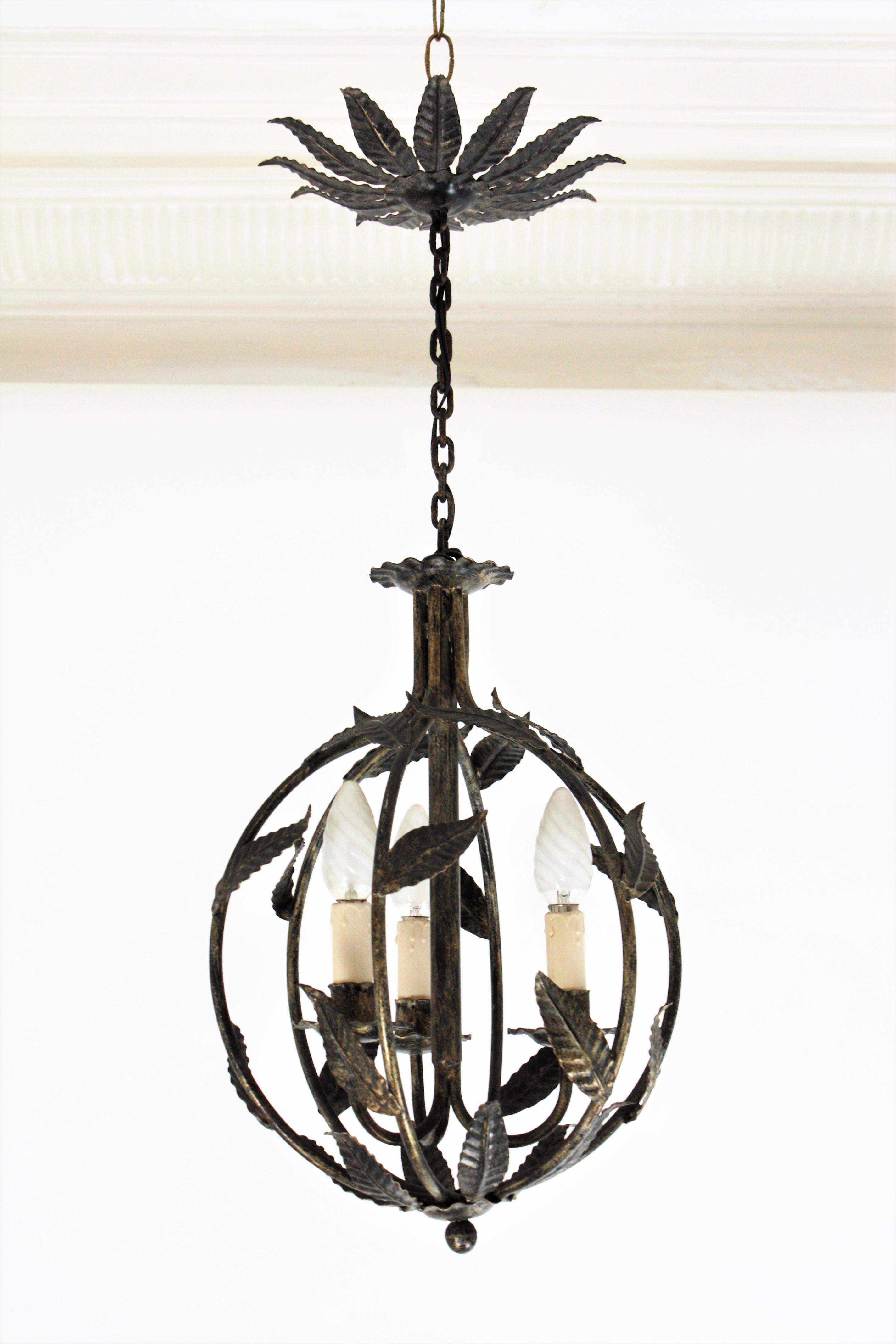 French Parcel-Gilt Wrought Iron Globe Pendant Light / Lantern with Leaves Design 7