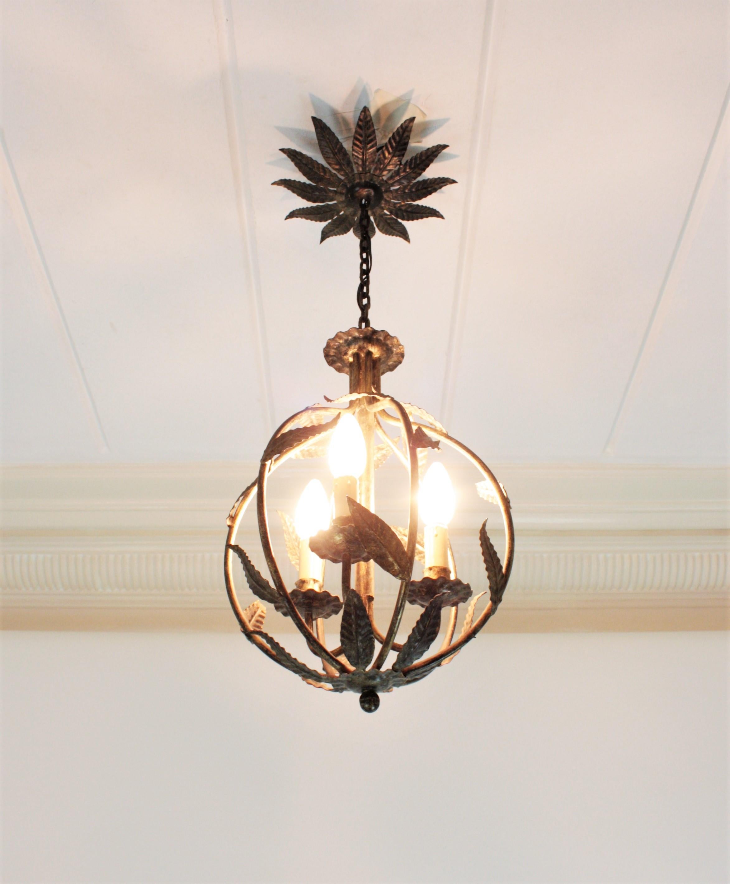 French Parcel-Gilt Wrought Iron Globe Pendant Light / Lantern with Leaves Design 8