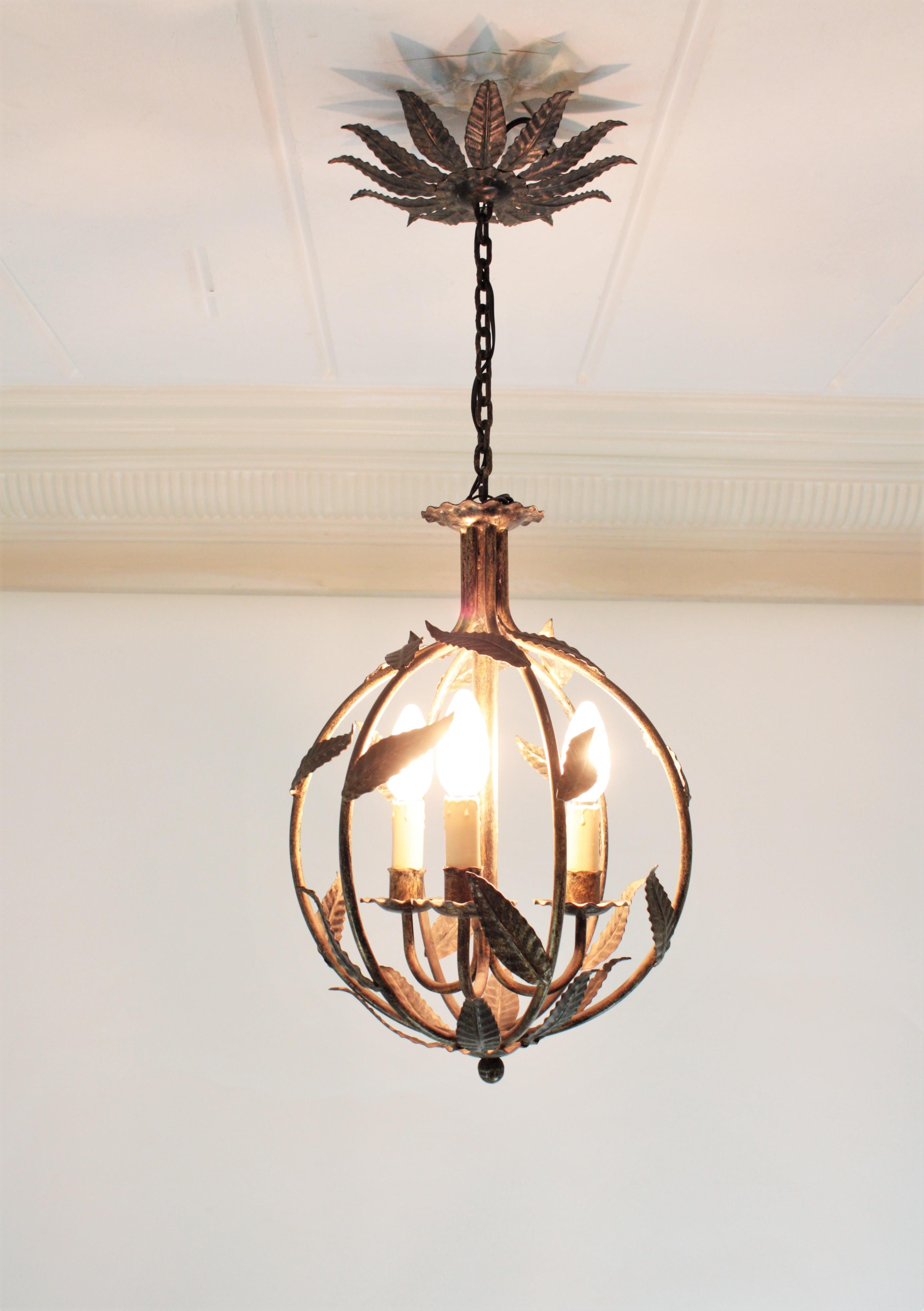 Neoclassical French Parcel-Gilt Wrought Iron Globe Pendant Light / Lantern with Leaves Design