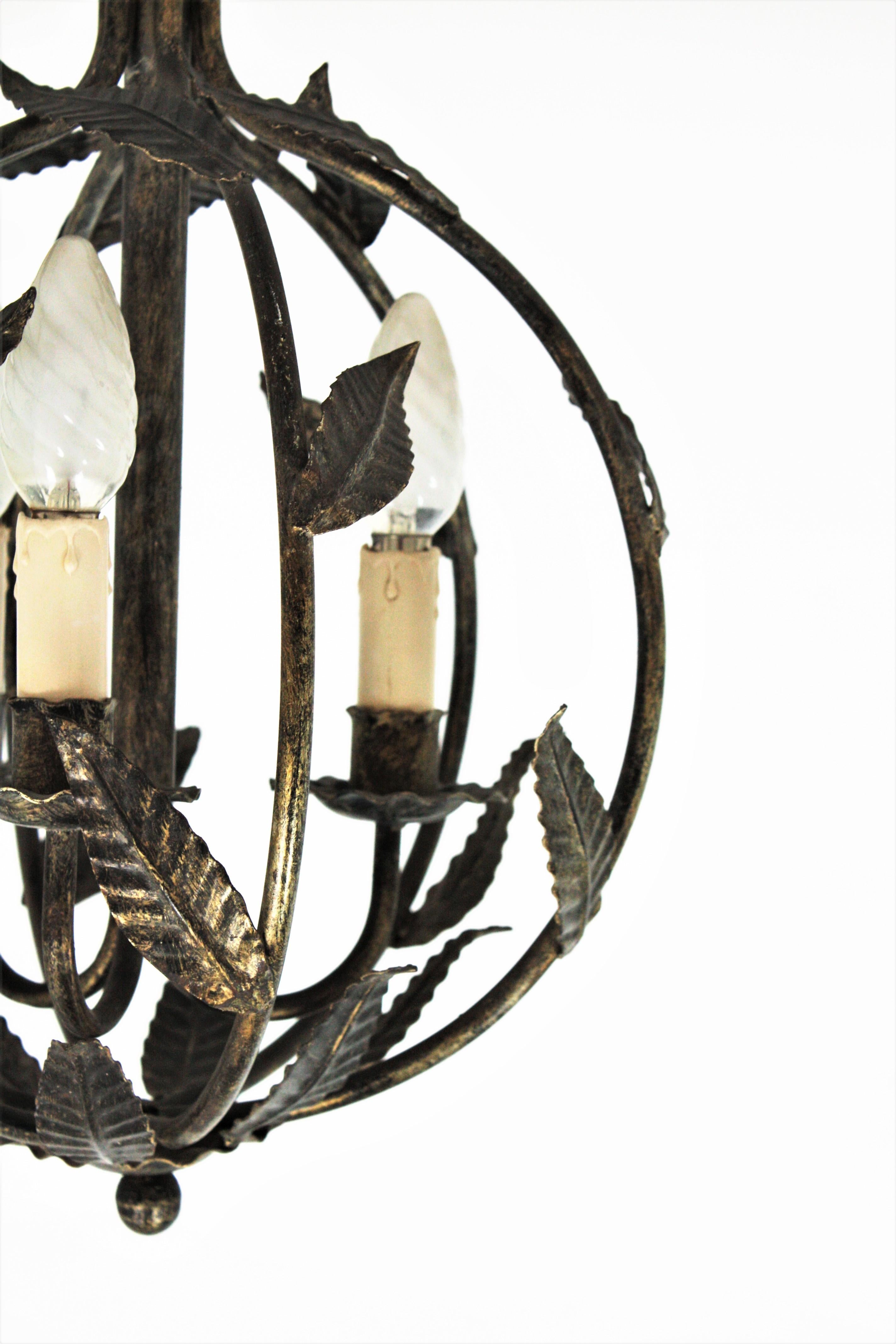 20th Century French Parcel-Gilt Wrought Iron Globe Pendant Light / Lantern with Leaves Design