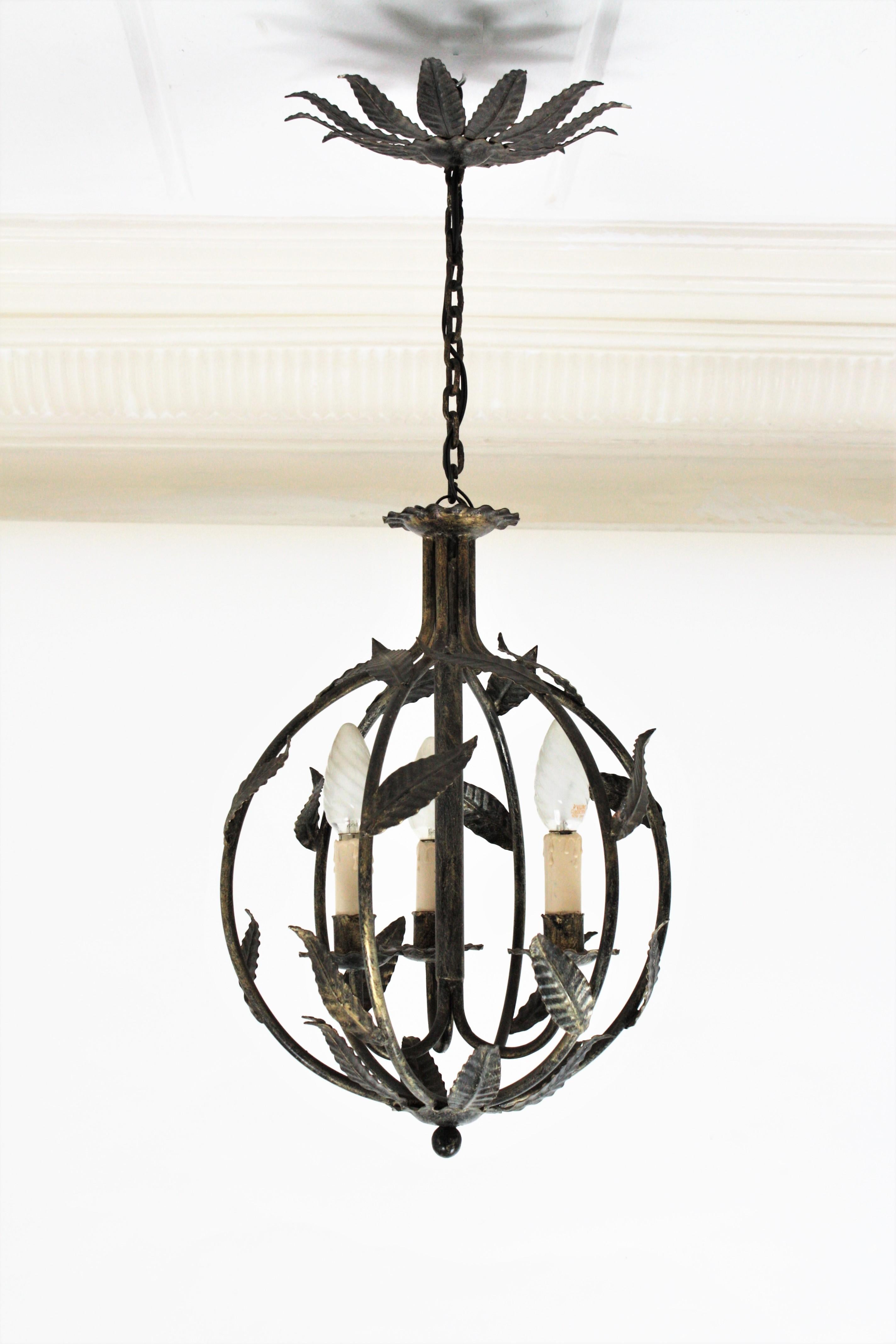French Parcel-Gilt Wrought Iron Globe Pendant Light / Lantern with Leaves Design 1