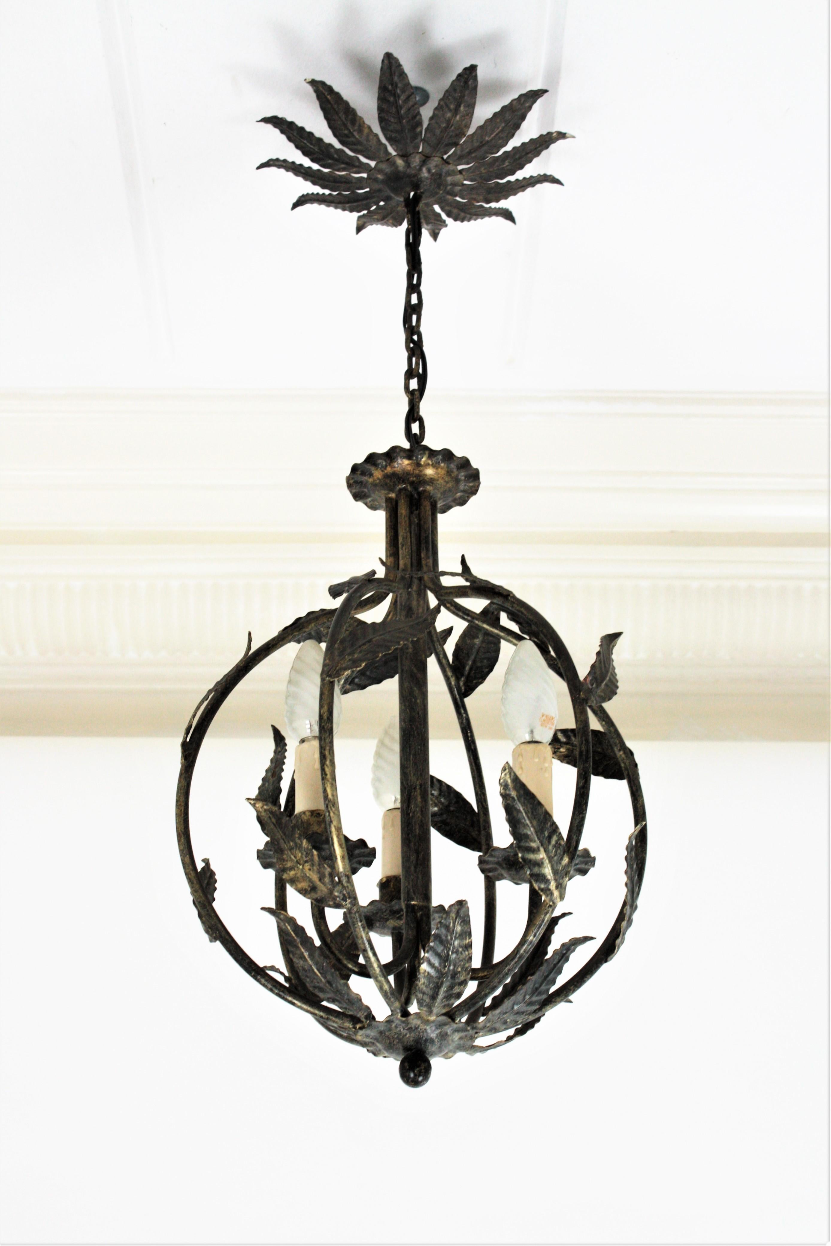French Parcel-Gilt Wrought Iron Globe Pendant Light / Lantern with Leaves Design 2