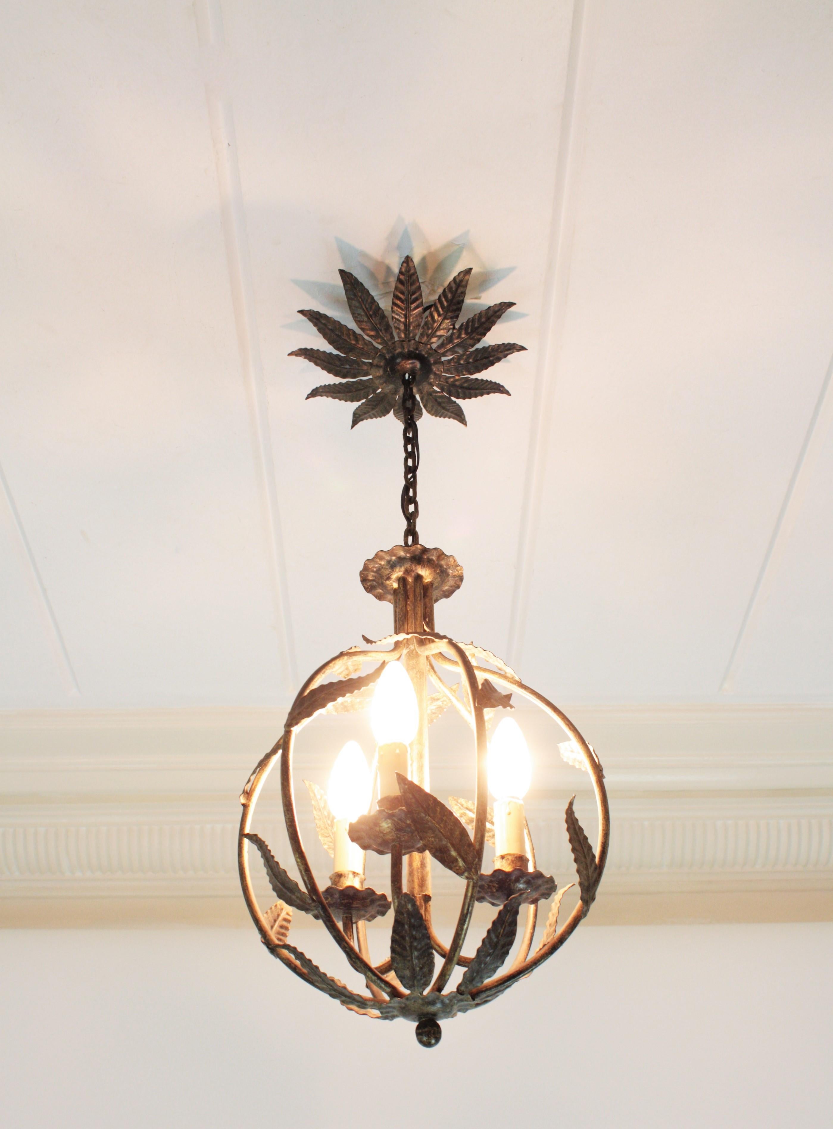 French Parcel-Gilt Wrought Iron Globe Pendant Light / Lantern with Leaves Design 3