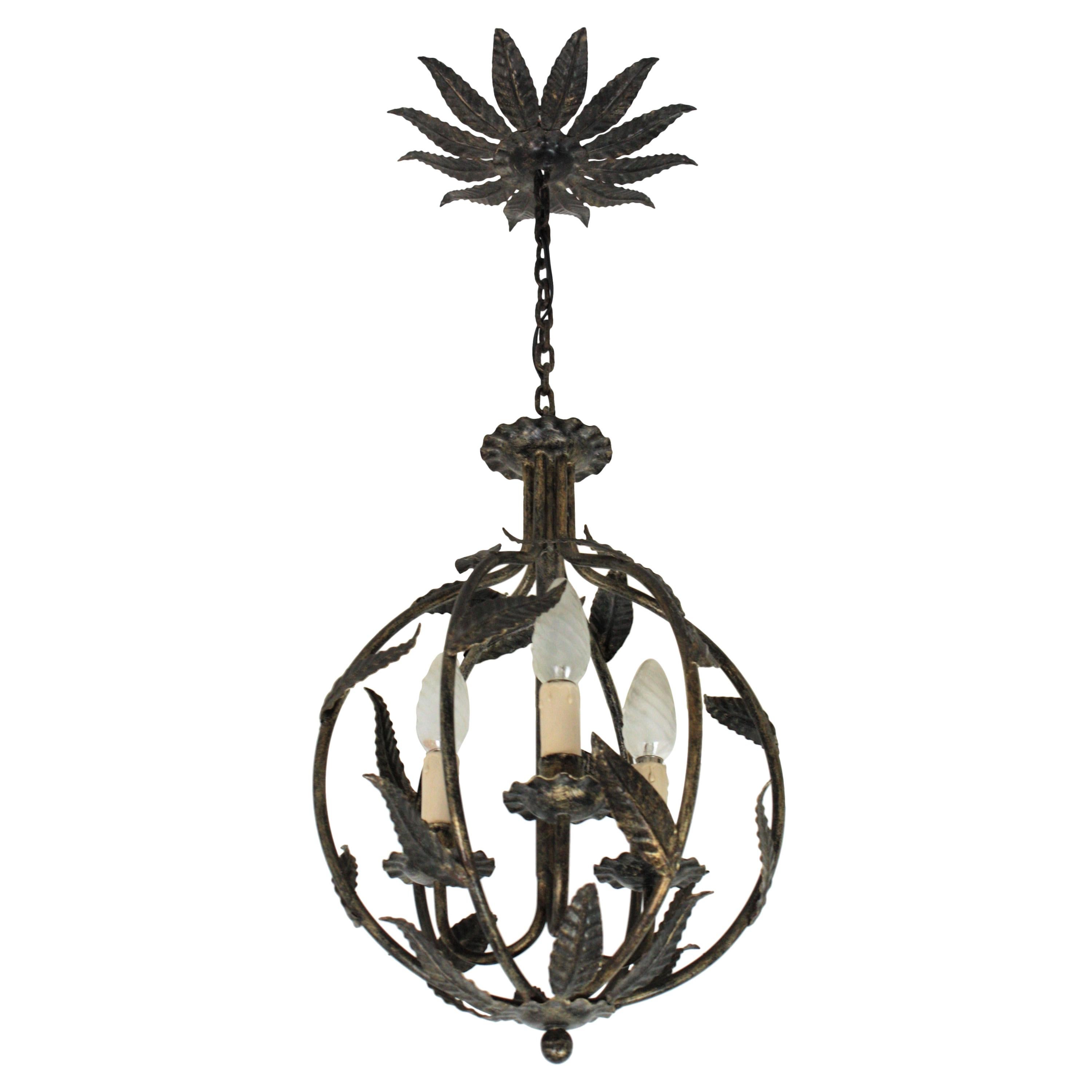 French Parcel-Gilt Wrought Iron Globe Pendant Light / Lantern with Leaves Design
