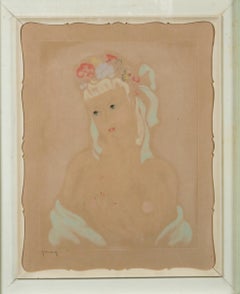 French 1940s Signed Pastel Drawing of a Woman, Original French Framing