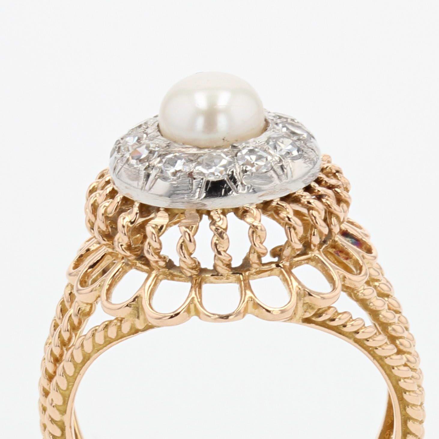 French 1950s Pearl Diamonds 18 Karat Rose Gold Strings Ring 4