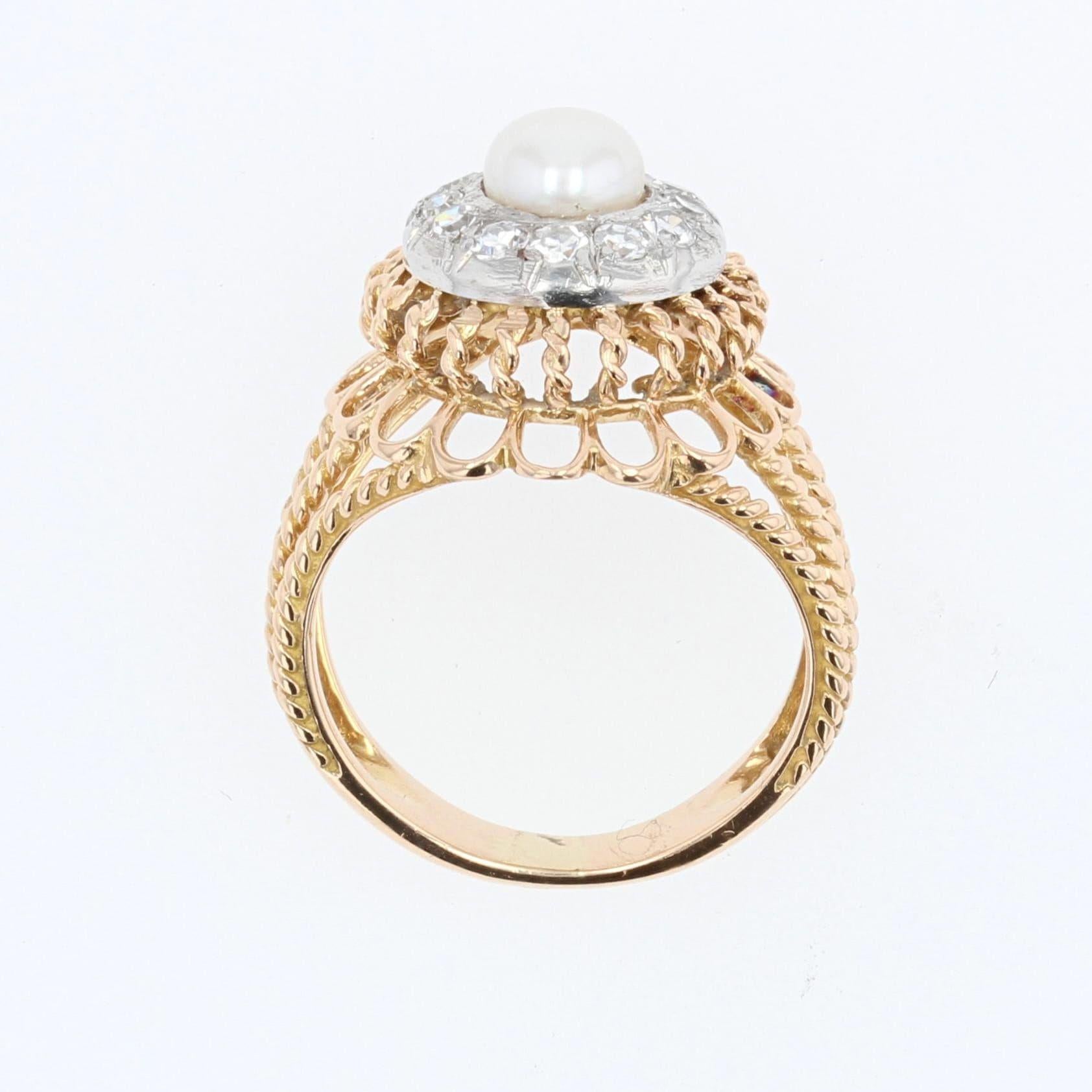 French 1950s Pearl Diamonds 18 Karat Rose Gold Strings Ring 8