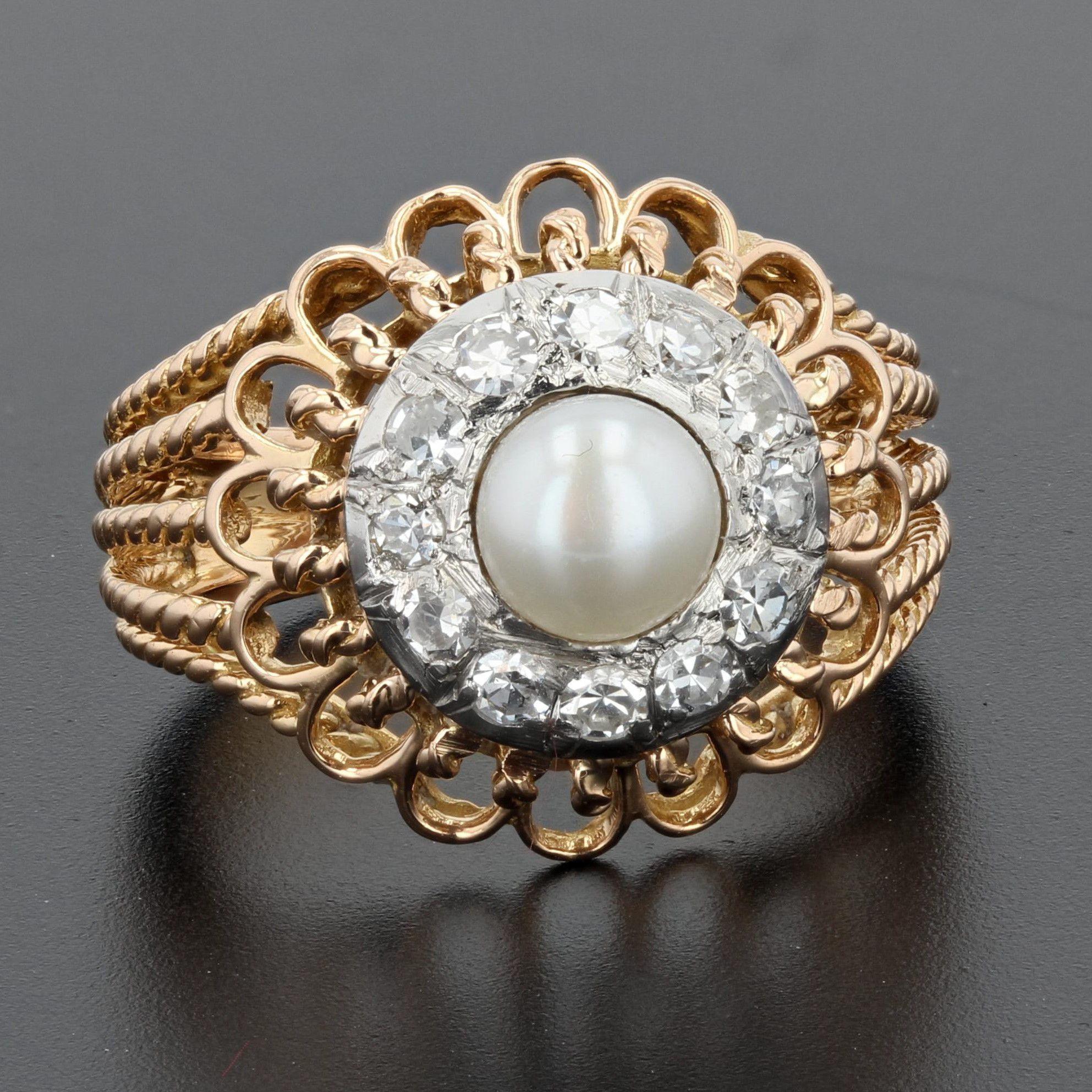 Retro French 1950s Pearl Diamonds 18 Karat Rose Gold Strings Ring