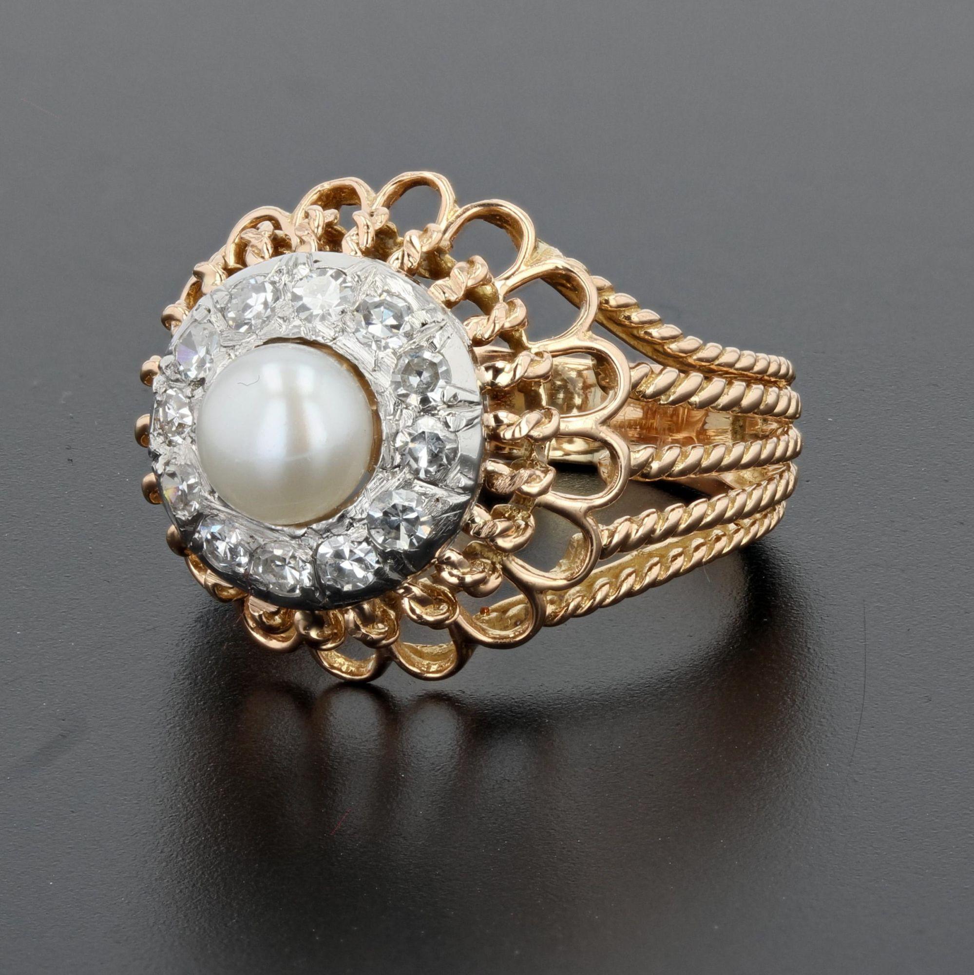 Bead French 1950s Pearl Diamonds 18 Karat Rose Gold Strings Ring