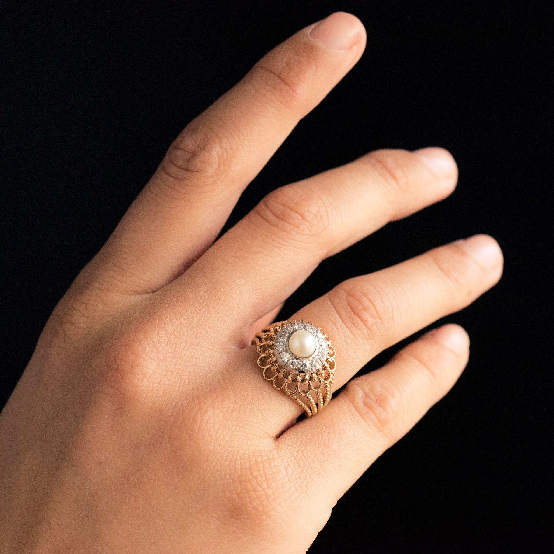 French 1950s Pearl Diamonds 18 Karat Rose Gold Strings Ring In Good Condition In Poitiers, FR