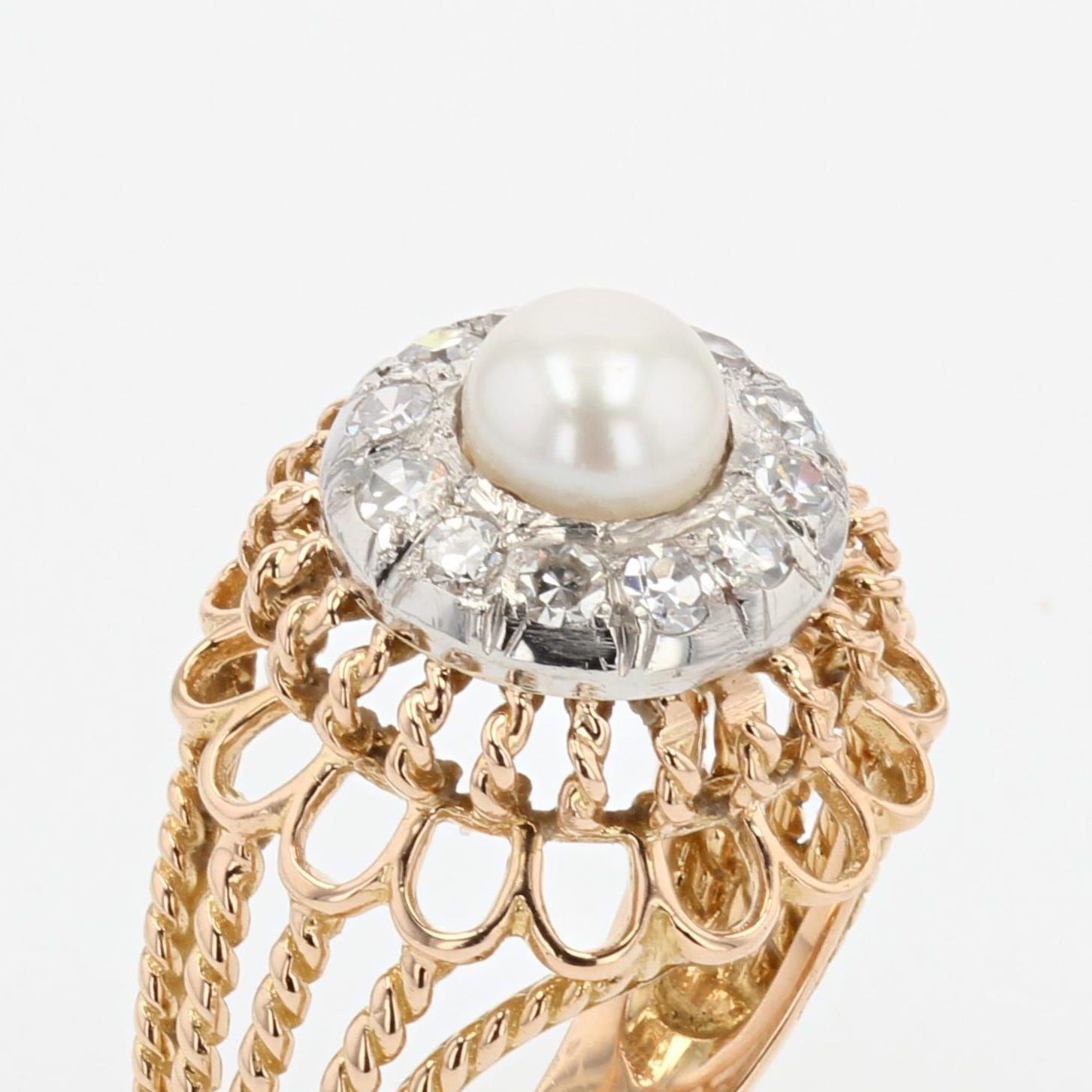 Women's French 1950s Pearl Diamonds 18 Karat Rose Gold Strings Ring