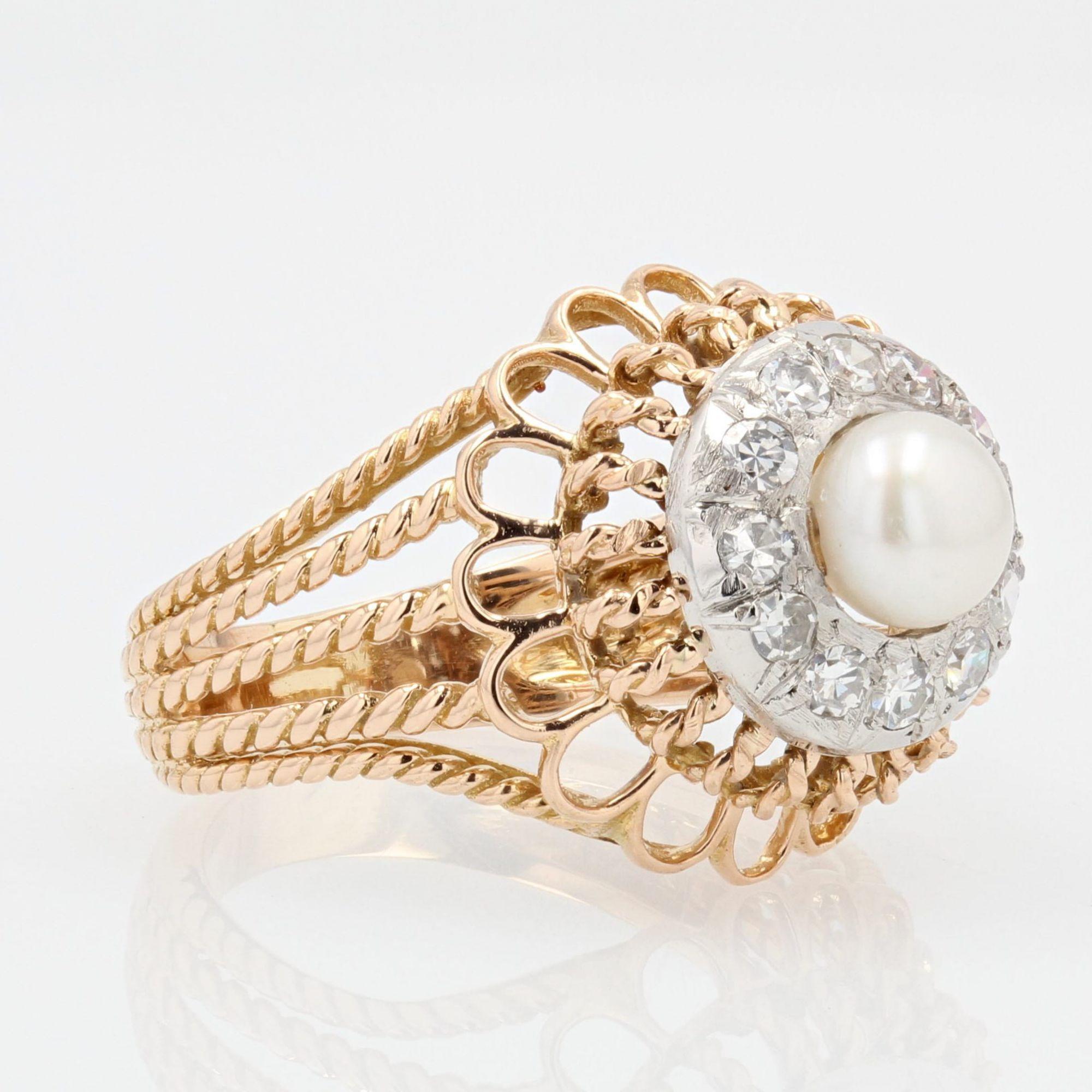 French 1950s Pearl Diamonds 18 Karat Rose Gold Strings Ring 1