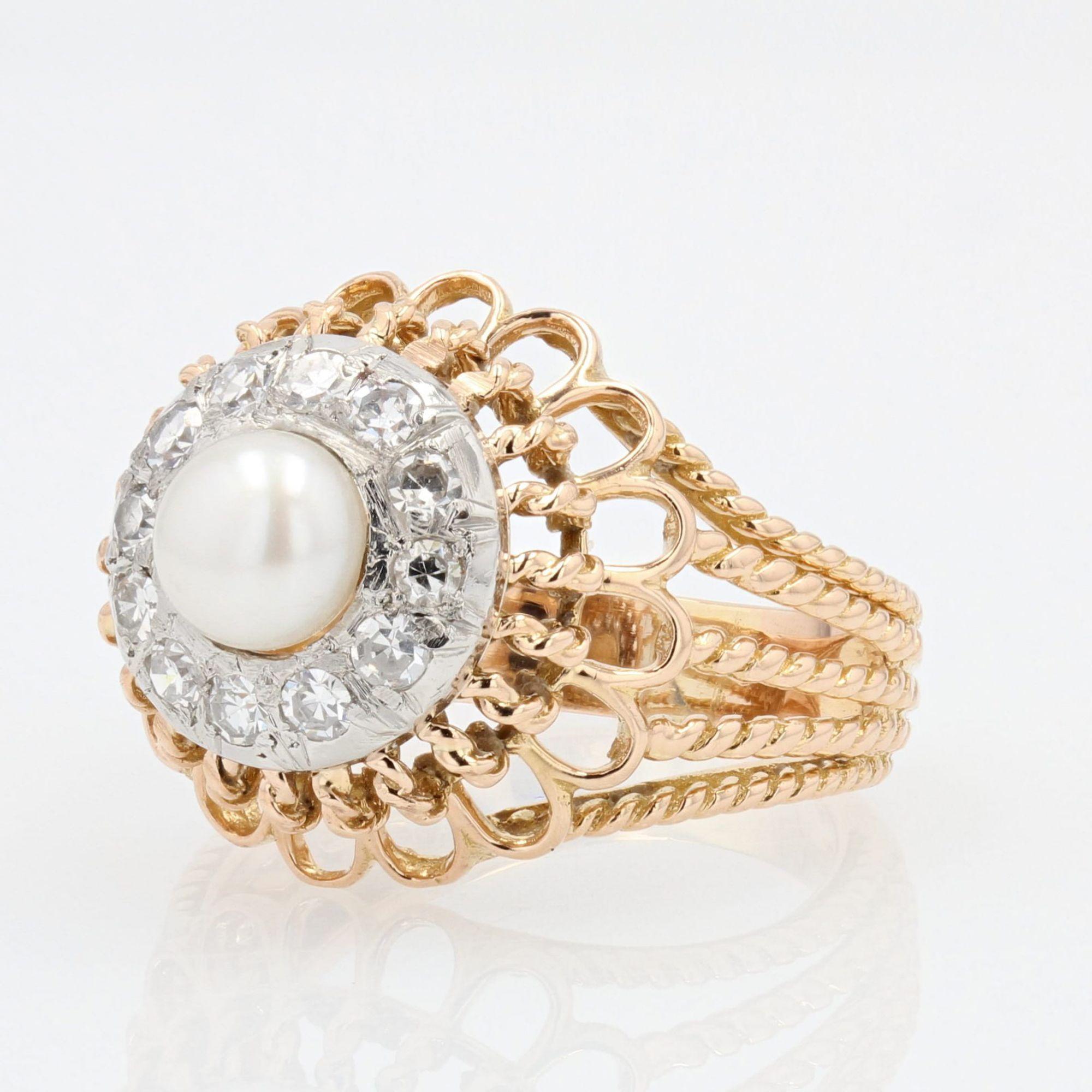 French 1950s Pearl Diamonds 18 Karat Rose Gold Strings Ring 3