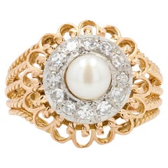 French 1950s Pearl Diamonds 18 Karat Rose Gold Strings Ring