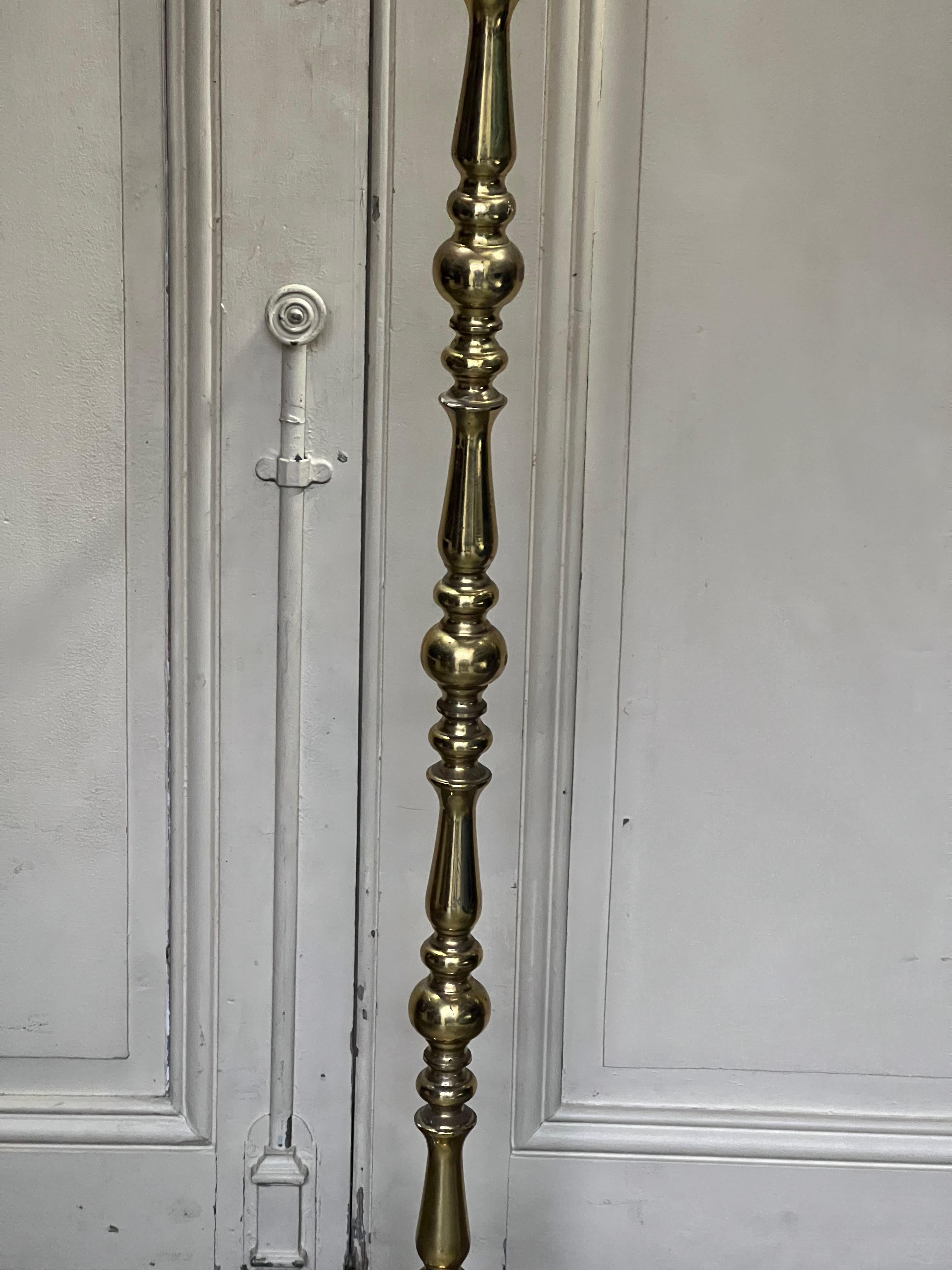 Turned French 1940’s Polished Brass and Bronze Floor Lamp For Sale