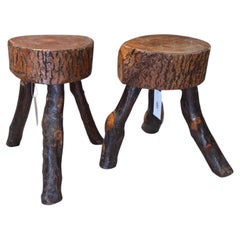 French 1940s Raw Wood Tripod Stool (2)