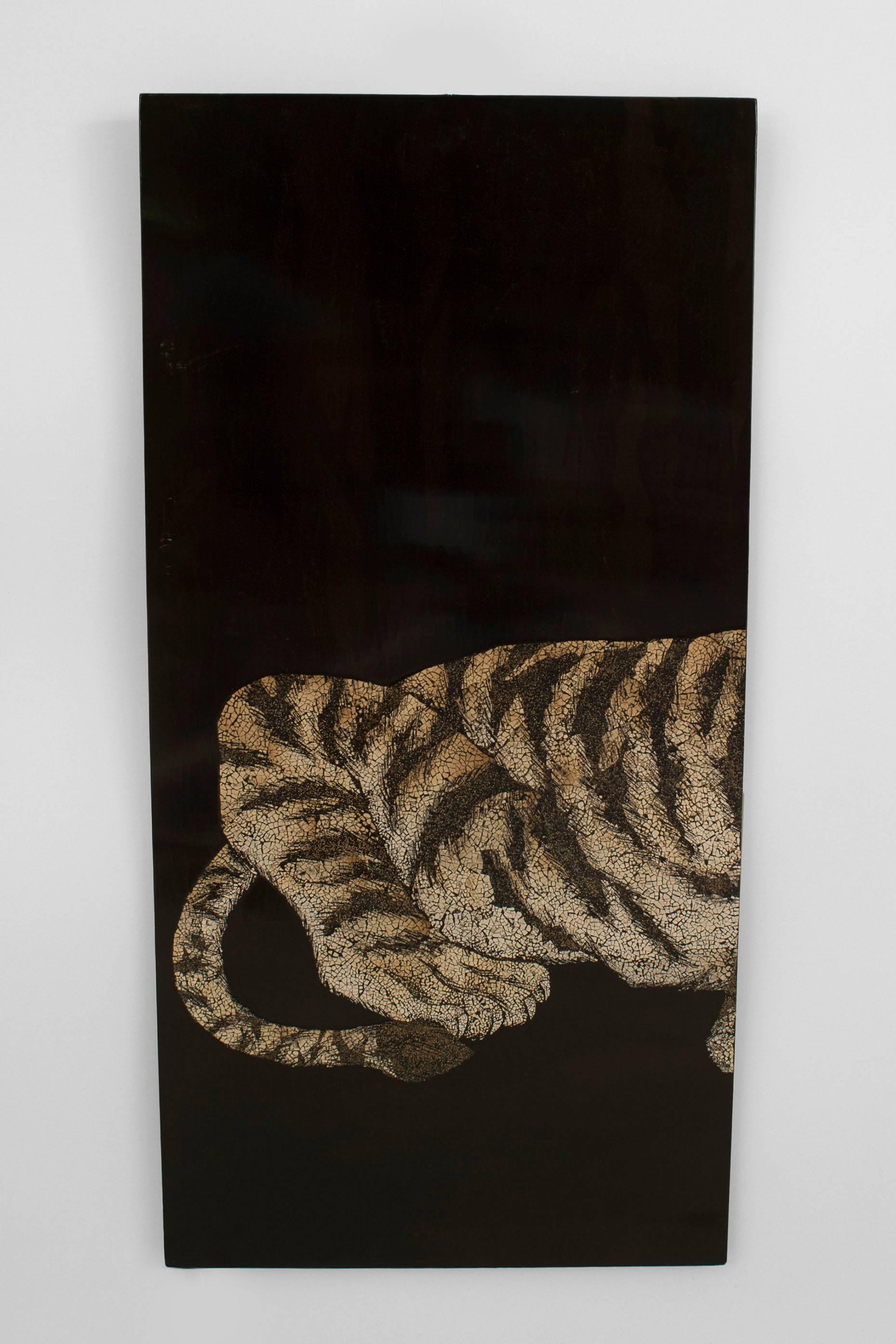 French 1940s rectangular black lacquered 4 panel wall plaque with a male and female tiger with 2 cubs.
