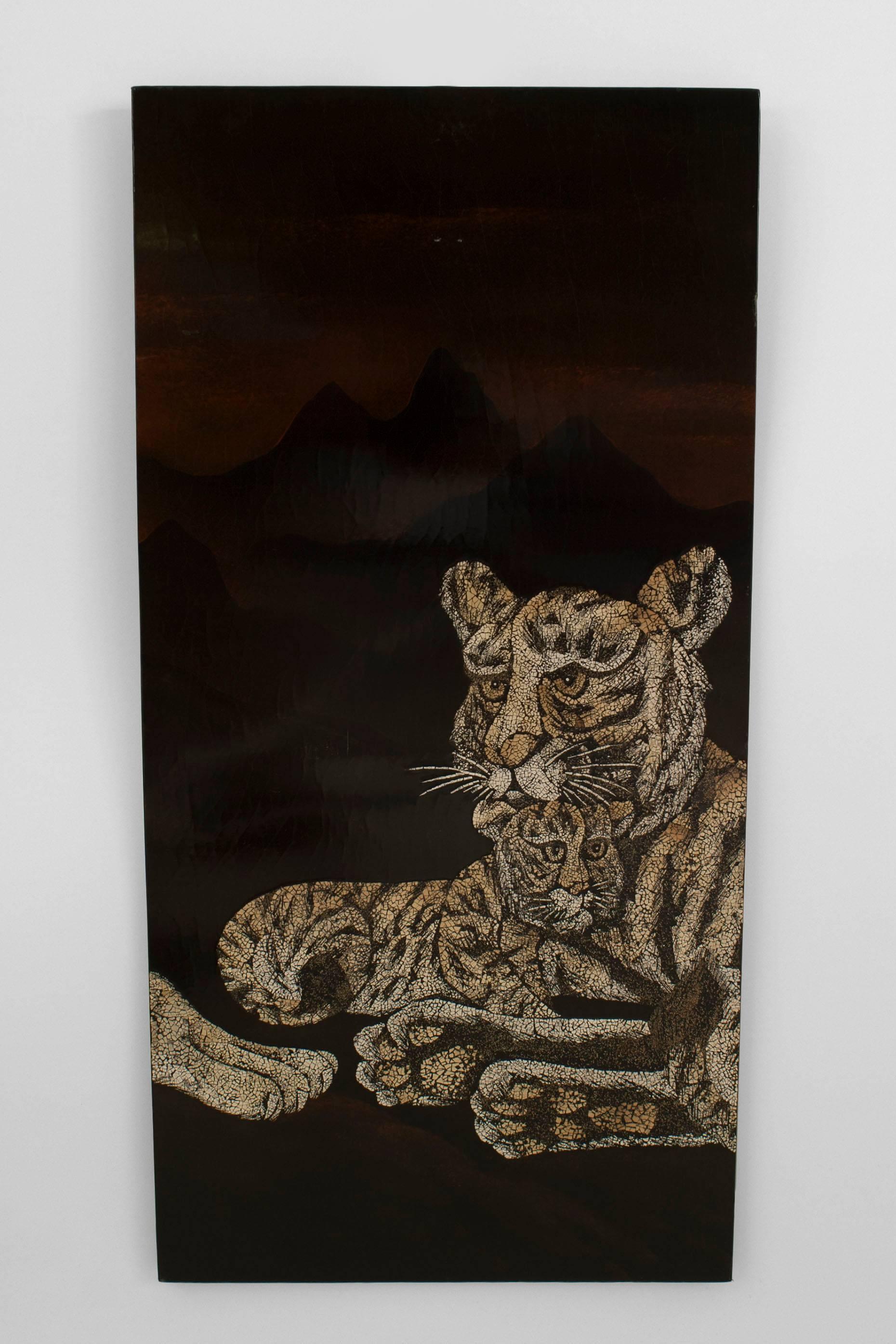 French Black Lacquered Tigers Wall Plaque For Sale 1