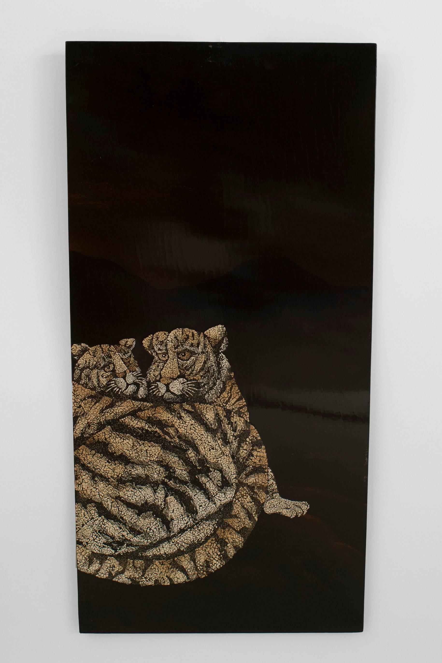 French Black Lacquered Tigers Wall Plaque For Sale 2