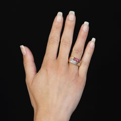 French 1940s Red Gems Diamonds 18 Karat Yellow Gold Platinum Tank Ring