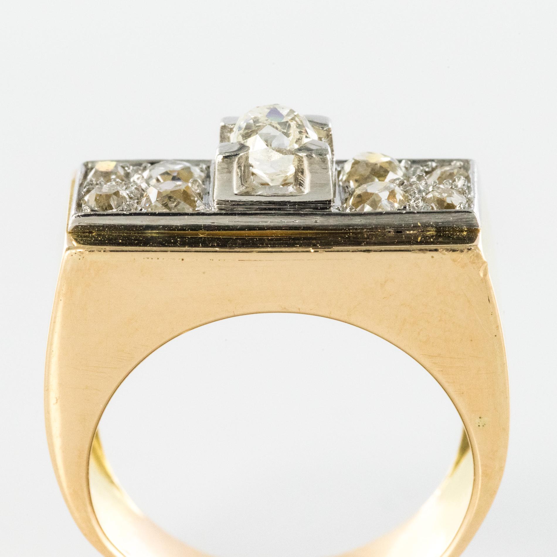 French 1940s Retro Diamond Platinum Gold Geometric Tank Ring In Good Condition In Poitiers, FR
