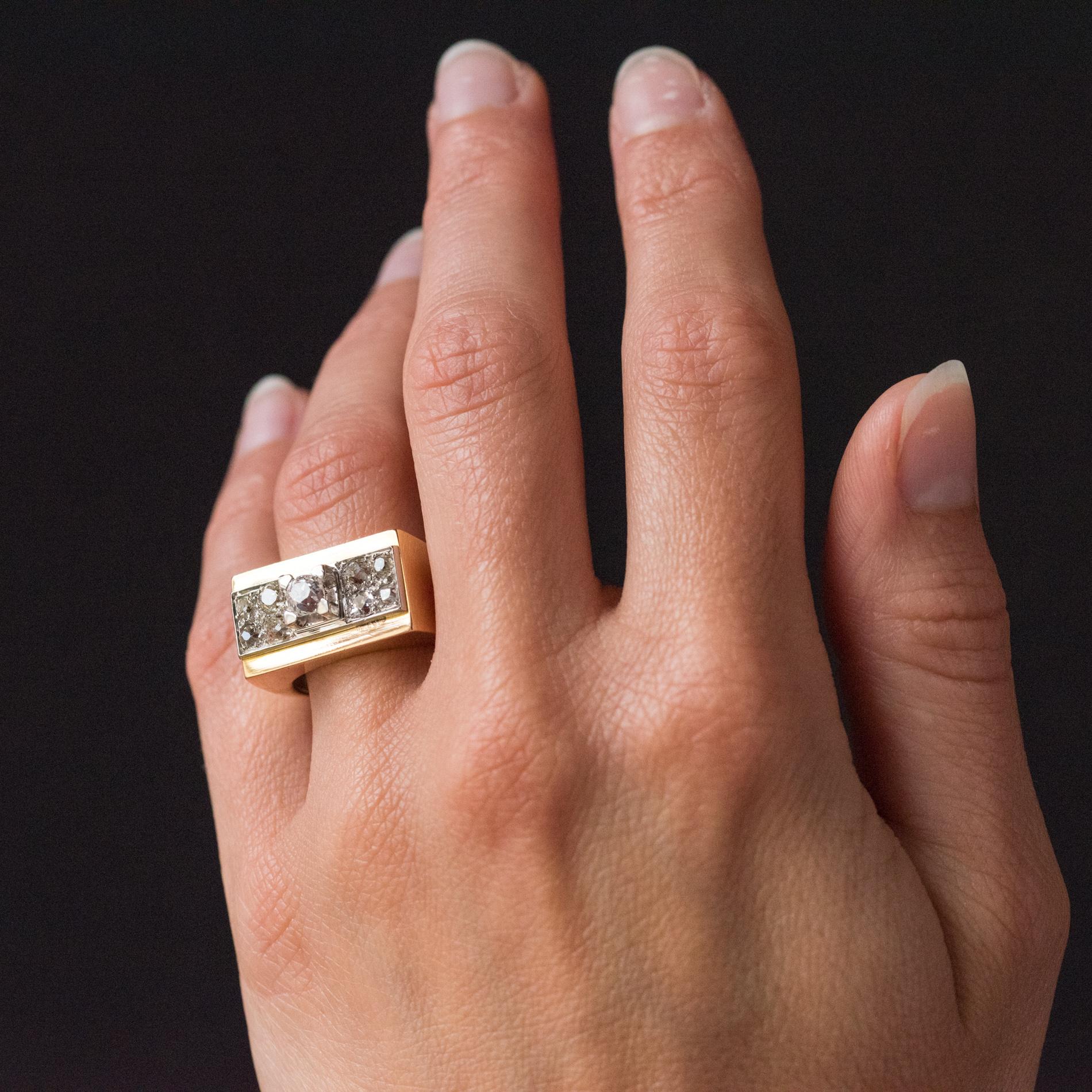 Women's French 1940s Retro Diamond Platinum Gold Geometric Tank Ring