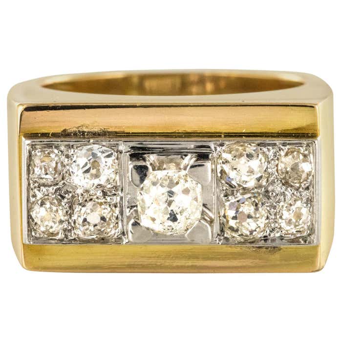 French 1940s Retro Diamond Platinum Gold Geometric Tank Ring at 1stDibs ...