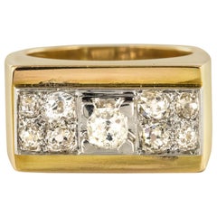 French 1940s Retro Diamond Platinum Gold Geometric Tank Ring