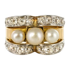 French 1940s Retro Diamonds Natural Pearls 18 Karat Yellow Gold Tank Ring