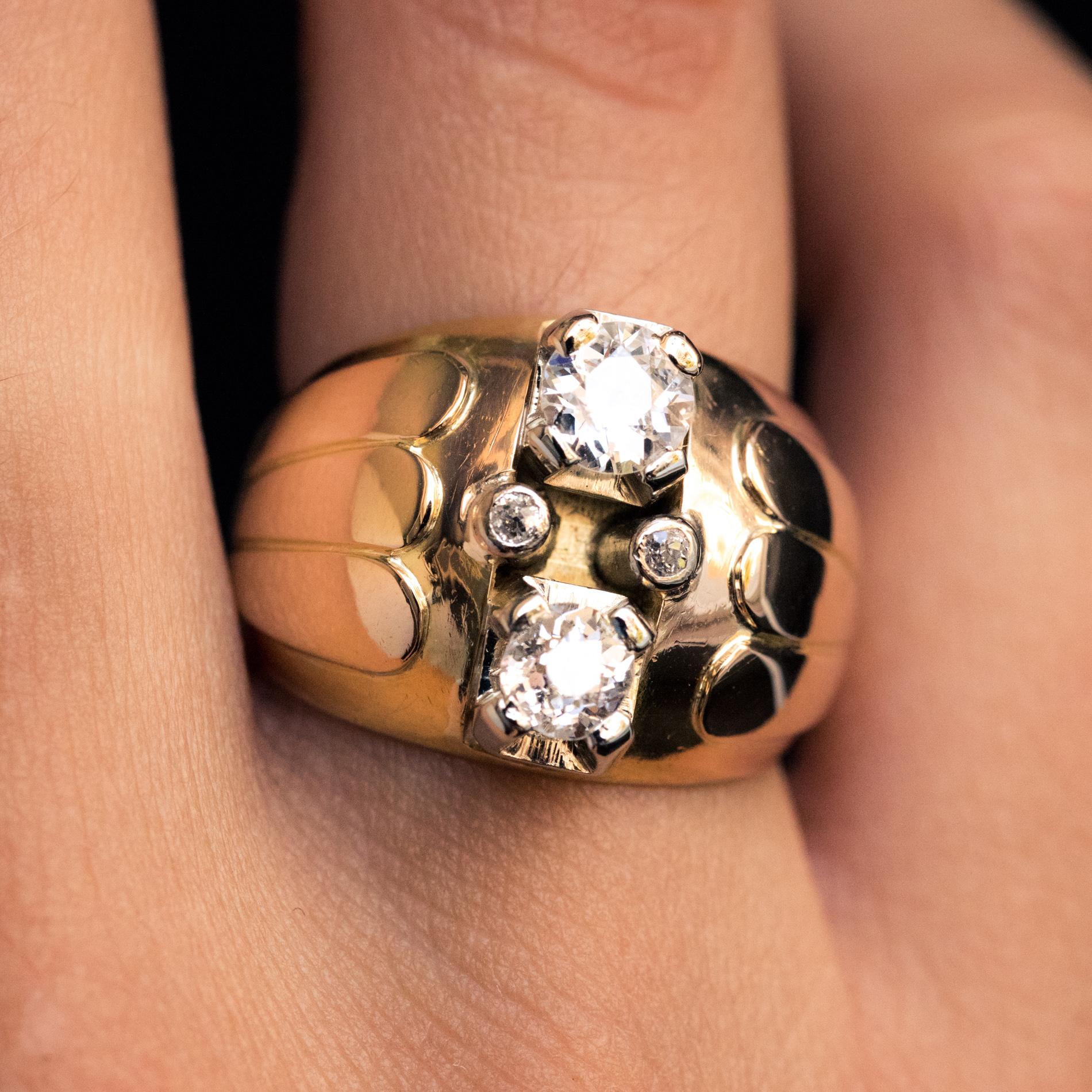 Brilliant Cut French 1940s Retro Duo Diamonds 18 Karat Yellow Gold Ball Ring For Sale