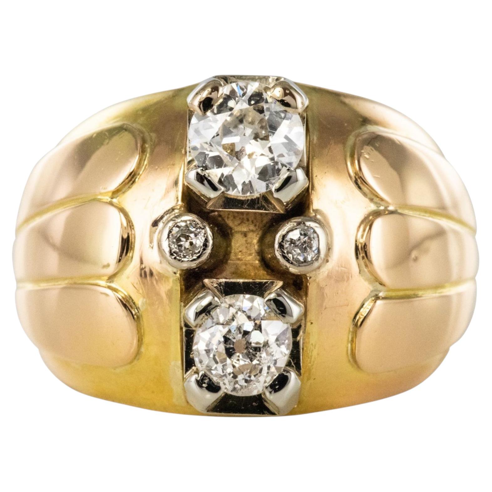 Französischer 1940er Retro Duo Diamanten 18 Karat Gelbgold Kugel Ring im Angebot