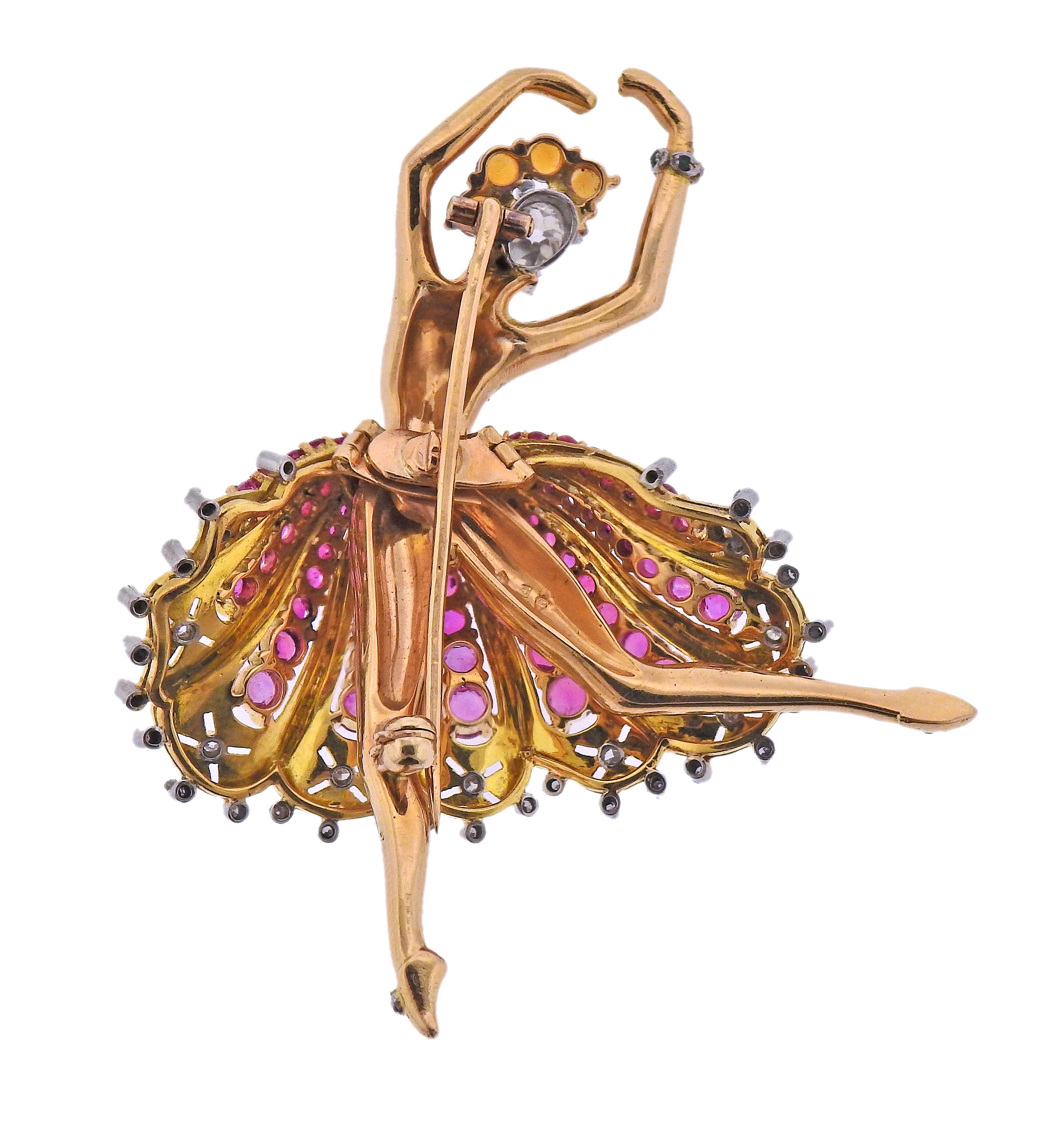 Retro circa 1940s, French made ballerina 18k gold brooch, adorned with rubies, citrines and approx. 0.60ctw in diamonds (center large stone is approx. 0.40-0.44ct). Brooch is 2.5