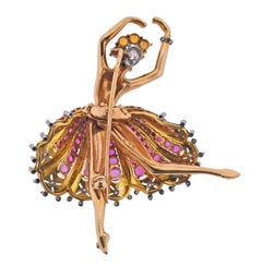 French 1940s Retro Ruby Diamond Citrine Gold Ballerina Brooch Pin