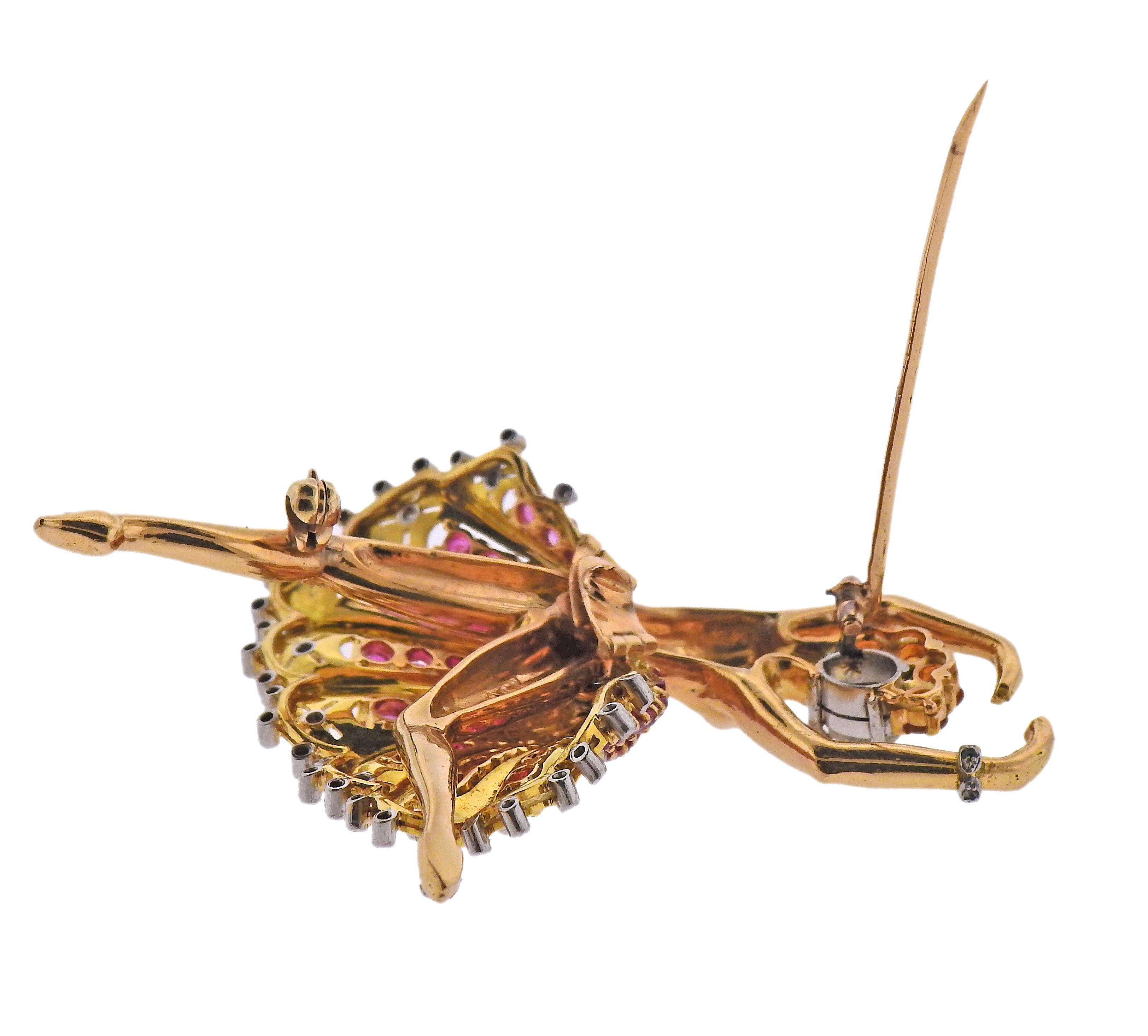 Französisch 1940er Retro Rubin Diamant Citrin Gold Ballerina Brosche Pin (Rundschliff)