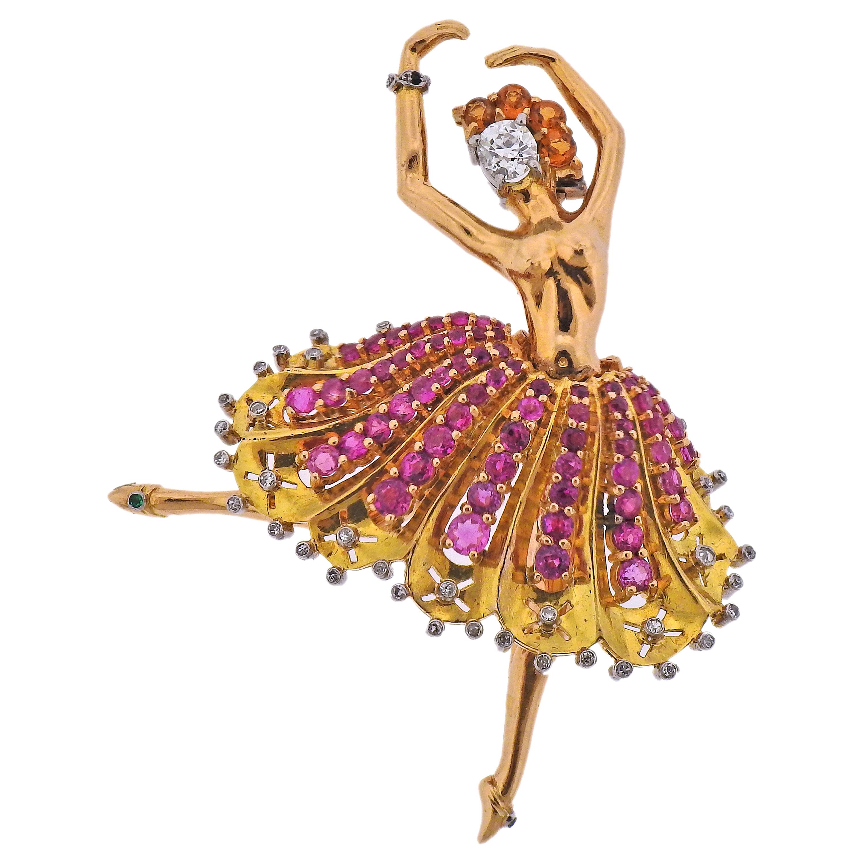 French 1940s Retro Ruby Diamond Citrine Gold Ballerina Brooch Pin