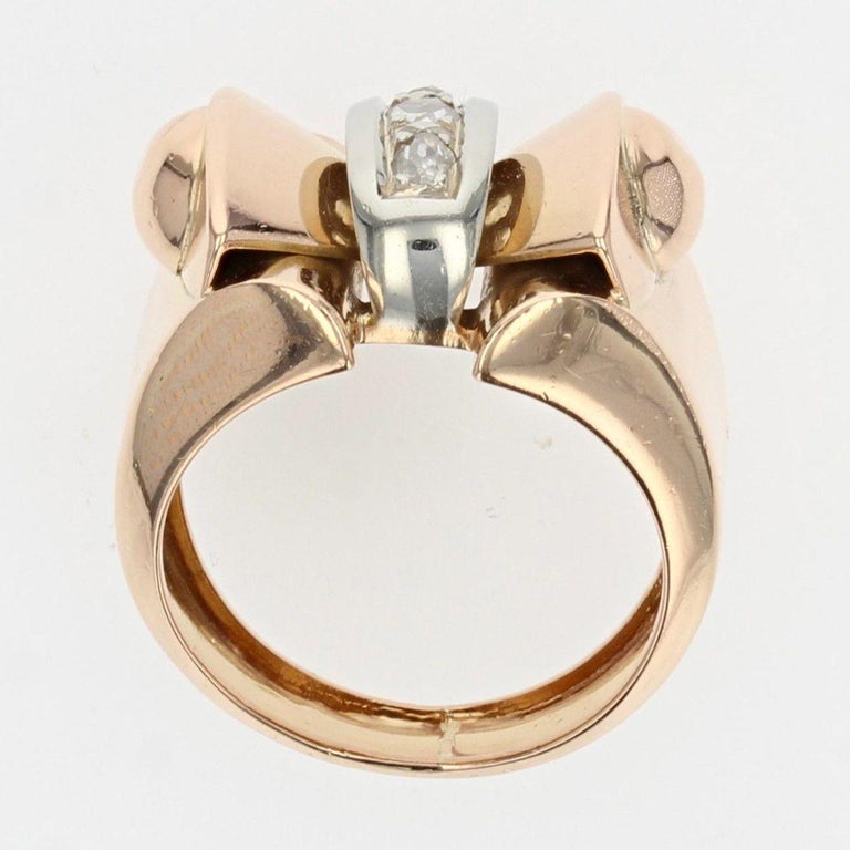French 1940s Rose-Cut Diamonds 18 Karat Rose Gold Tank Ring For Sale 5