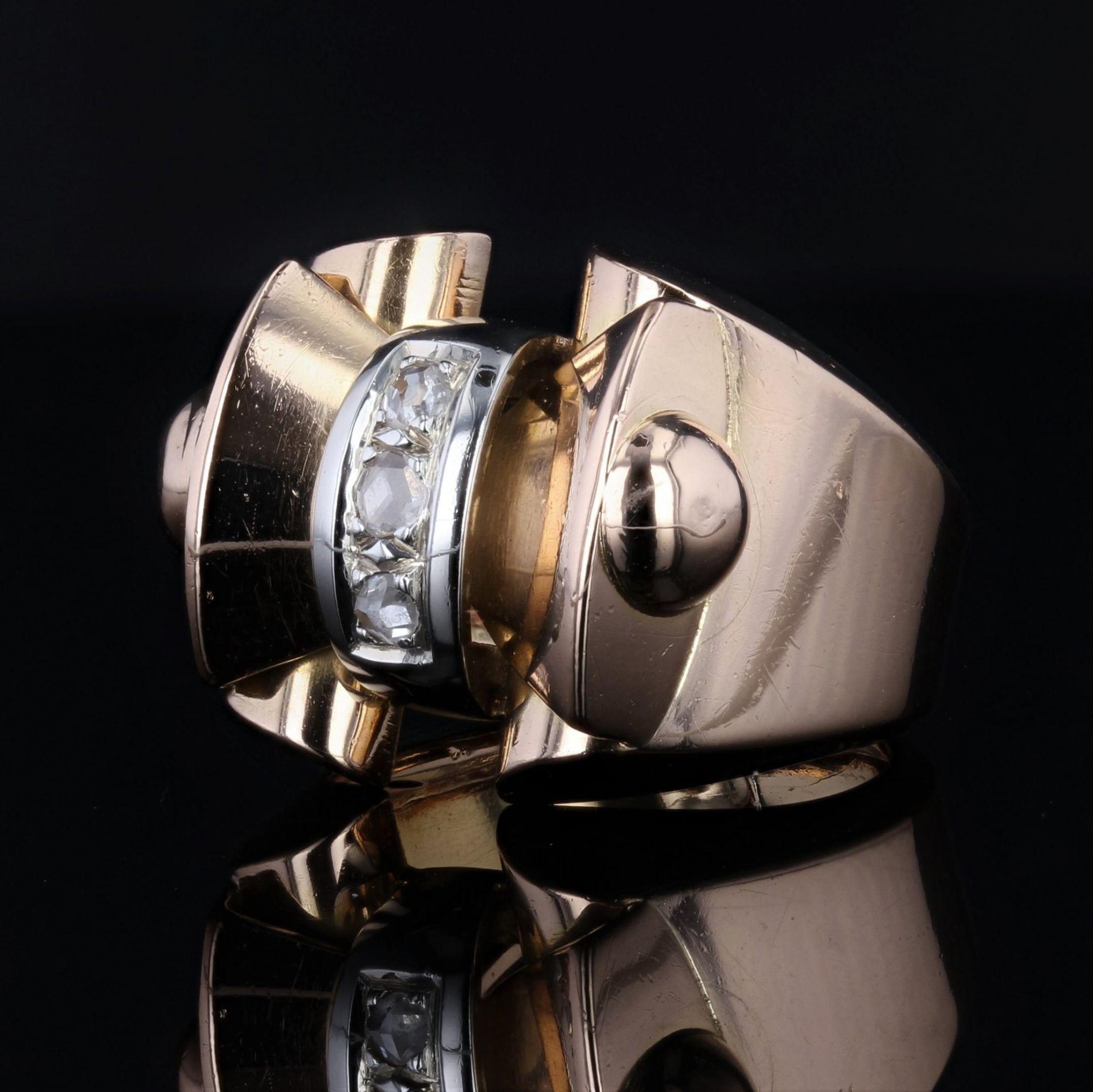 Retro French 1940s Rose-Cut Diamonds 18 Karat Rose Gold Tank Ring For Sale