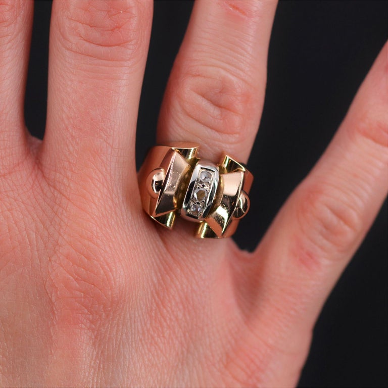 French 1940s Rose-Cut Diamonds 18 Karat Rose Gold Tank Ring In Good Condition For Sale In Poitiers, FR