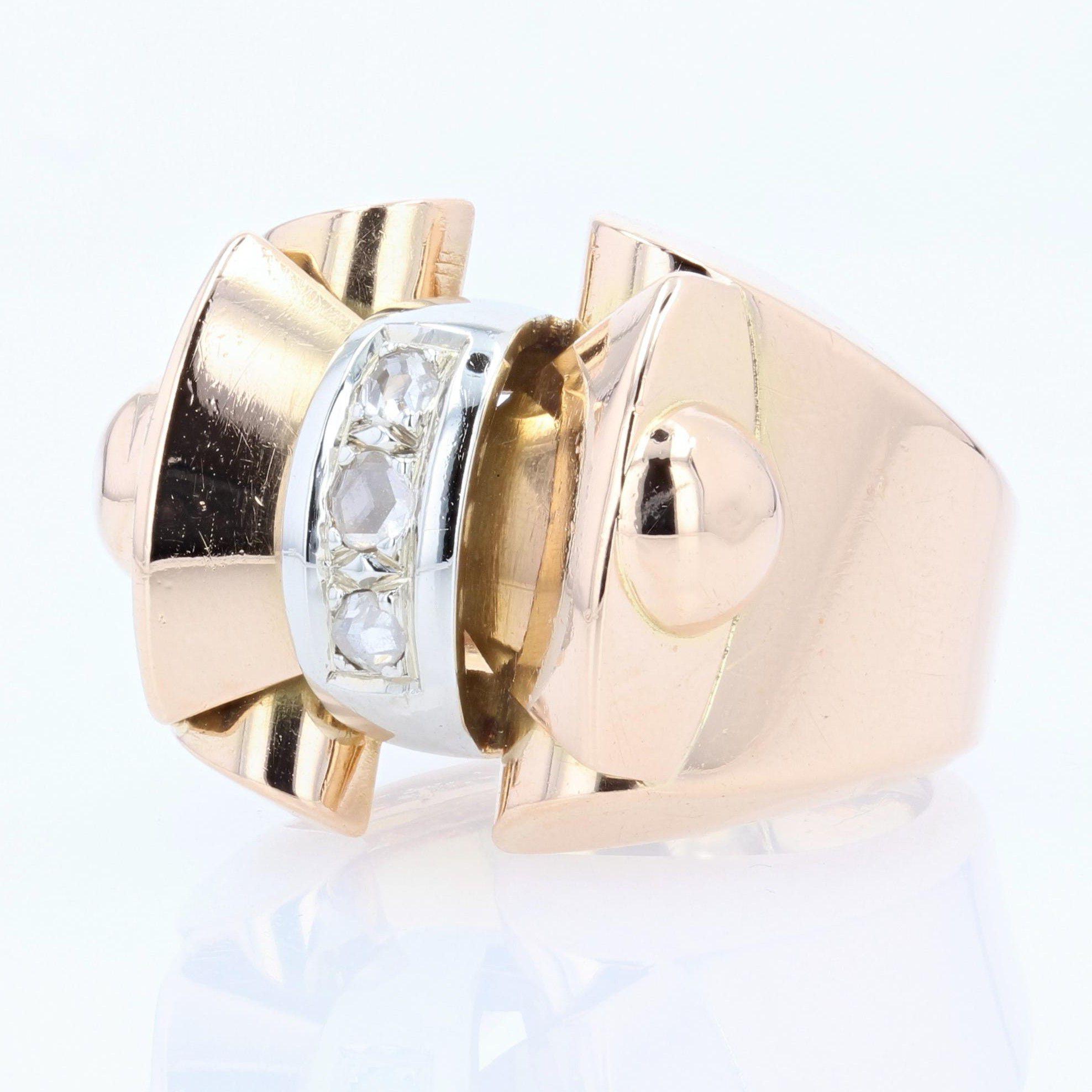 French 1940s Rose-Cut Diamonds 18 Karat Rose Gold Tank Ring In Good Condition For Sale In Poitiers, FR