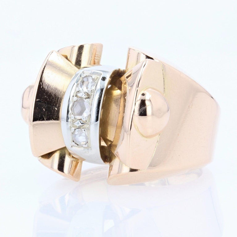 Women's French 1940s Rose-Cut Diamonds 18 Karat Rose Gold Tank Ring For Sale