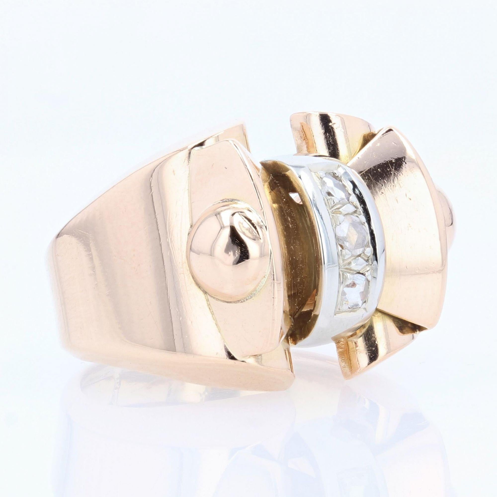 French 1940s Rose-Cut Diamonds 18 Karat Rose Gold Tank Ring For Sale 1