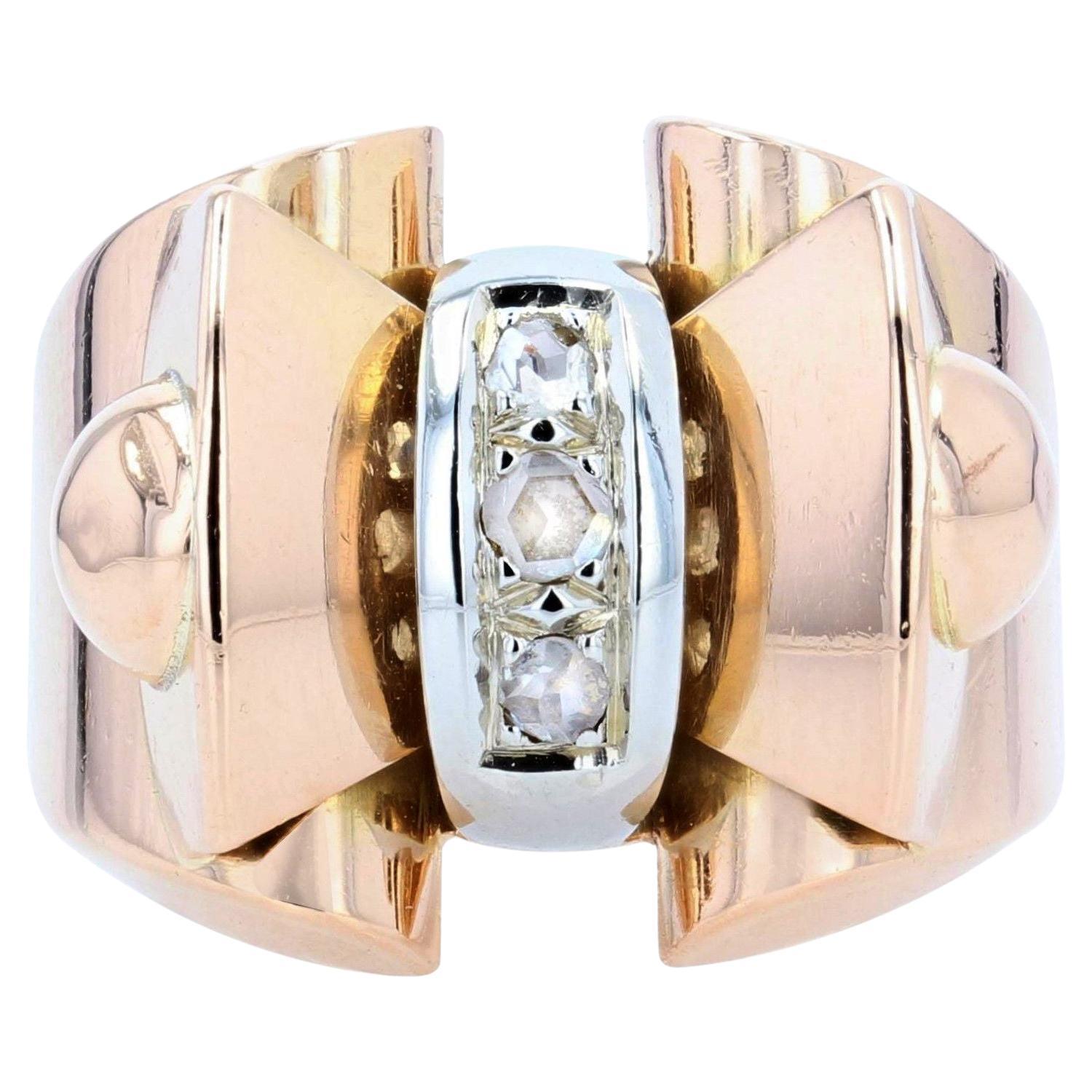 French 1940s Rose-Cut Diamonds 18 Karat Rose Gold Tank Ring