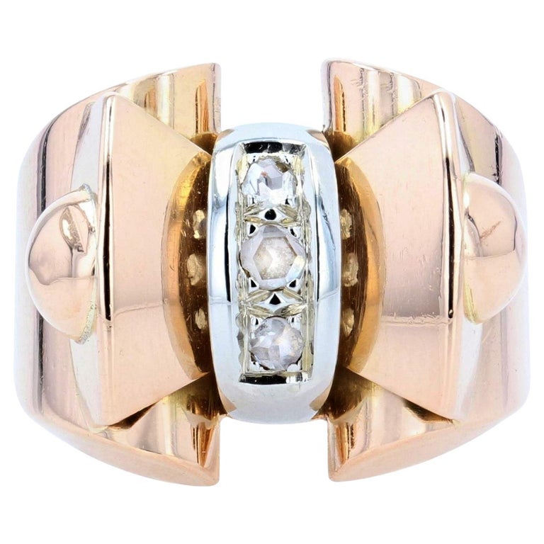 French 1940s Rose-Cut Diamonds 18 Karat Rose Gold Tank Ring For Sale