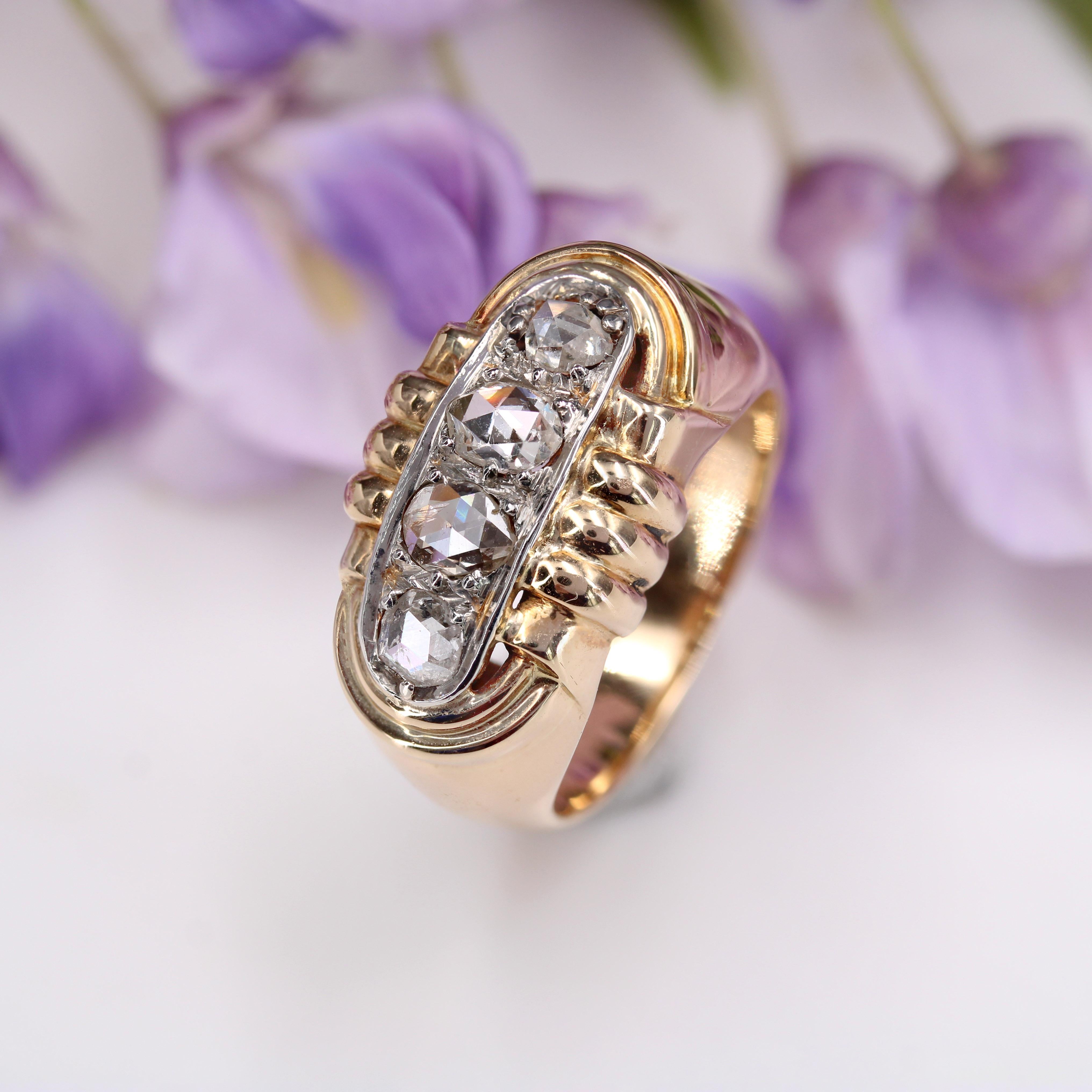 French 1940s Rose-Cut Diamonds 18 Karat Yellow Gold Tank Ring For Sale 1