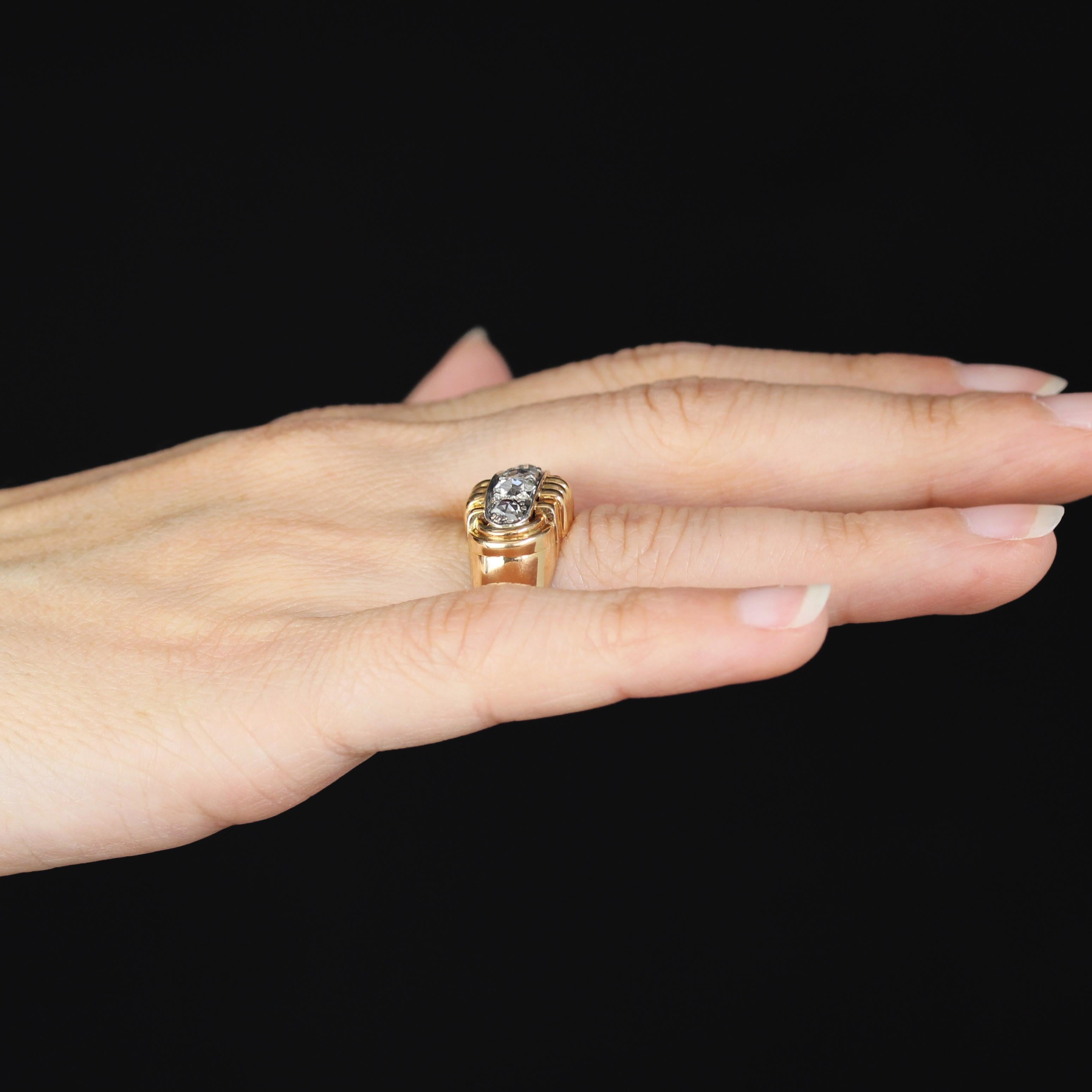 Bague débardeur française des années 1940 en or jaune 18 carats et diamants taille rose en vente 8